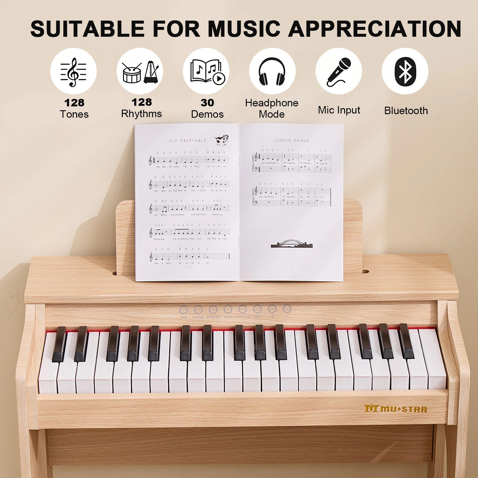 MUSTAR MT-900, 37 Keys Kids Piano Keyboard, Wooden Music Toy Instrument, Early Educational Musical Learning