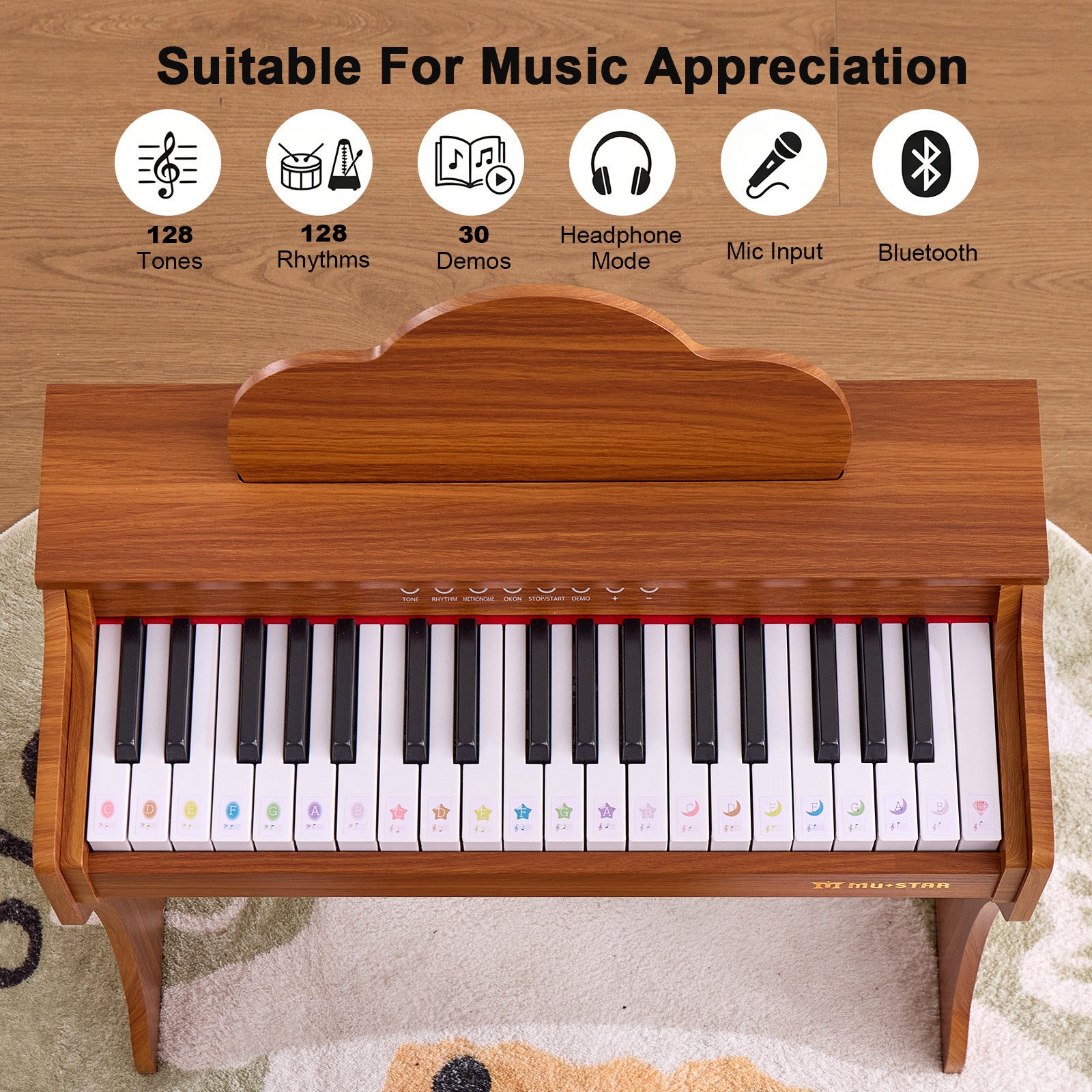 MUSTAR MT-700, 37 Keys Kids Piano Keyboard, Wooden Music Toy Instrument, Early Educational Musical Learning,Stool