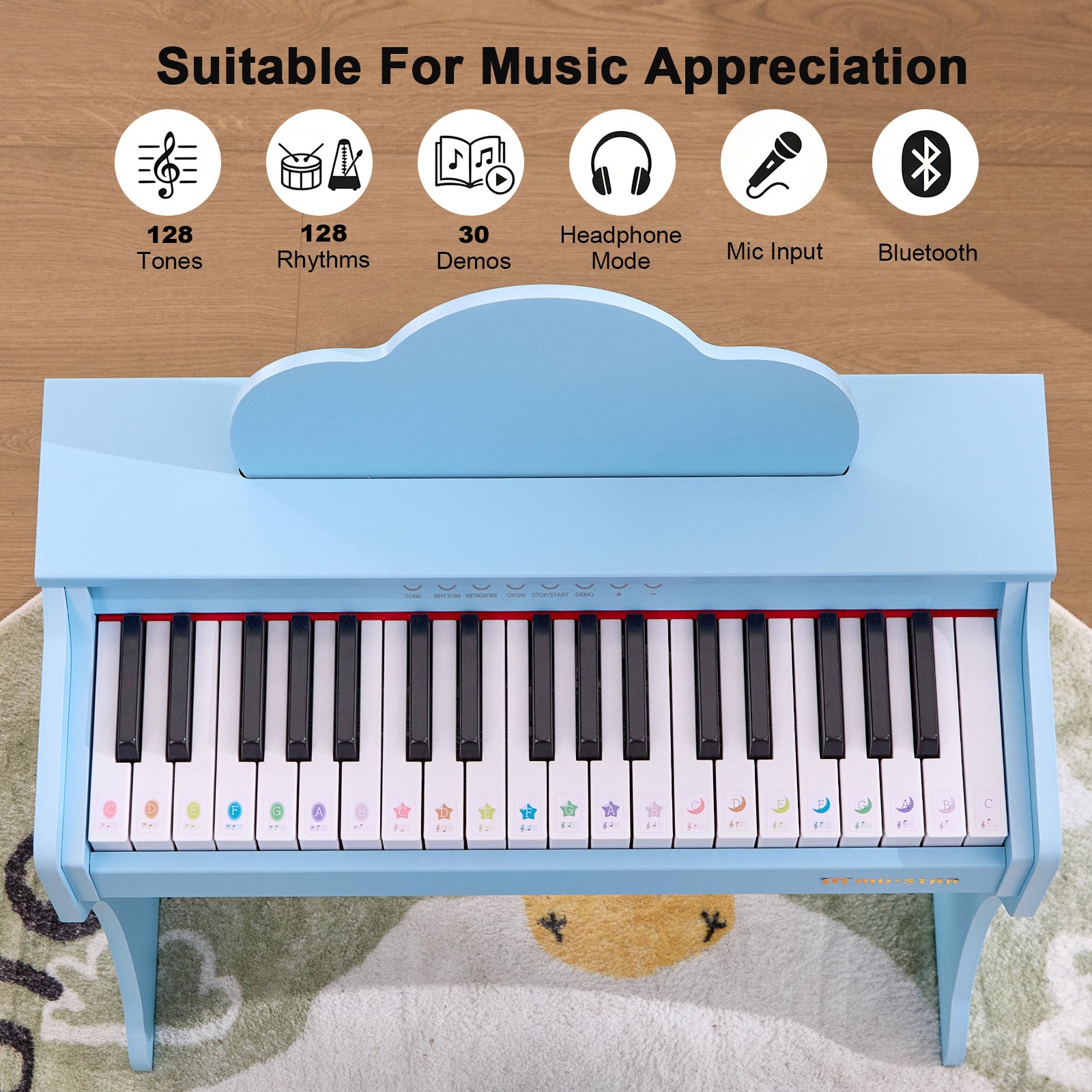 MUSTAR MT-600, 37 Keys Kids Piano Keyboard, Wooden Music Toy Instrument, Early Educational Musical Learning,Stool