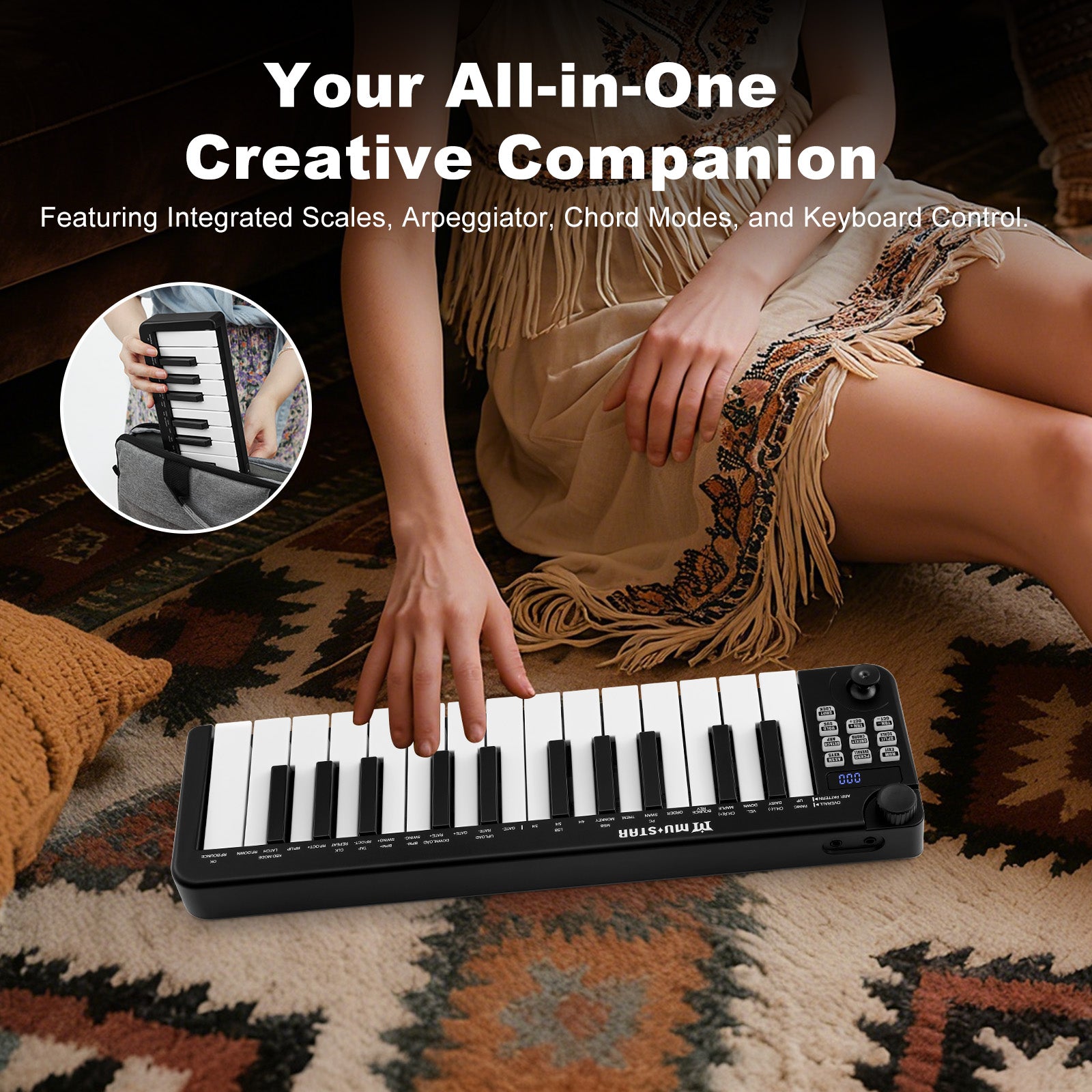 Mustar MM-100, Mini MIDI Keyboard, 25 Key MIDI Controller for Beginner with Dual-Channel Keyboard, Knob, Joystick, Built-in MIDI Clock, LED Display