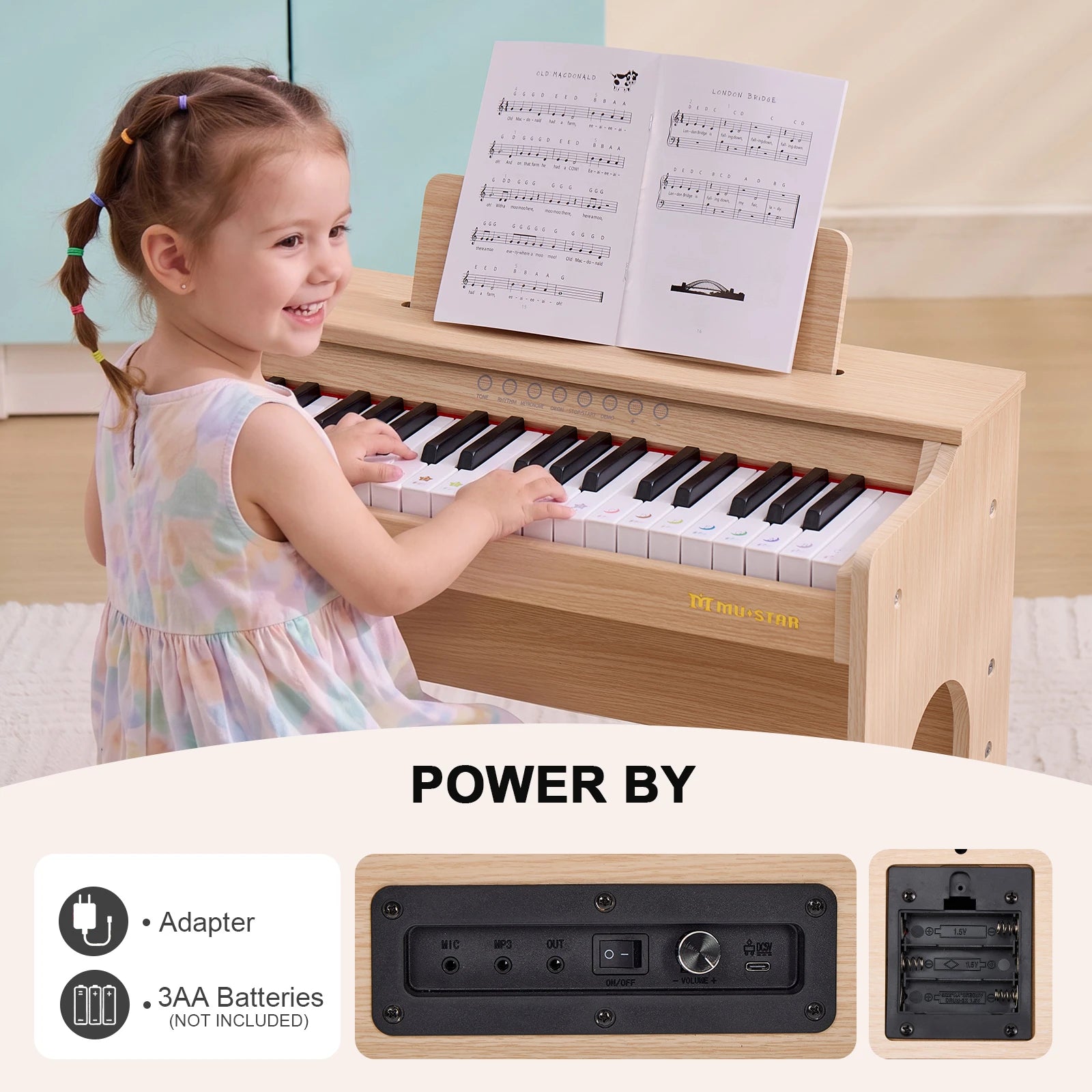 MUSTAR MT-900, 37 Keys Kids Piano Keyboard, Wooden Music Toy Instrument, Early Educational Musical Learning