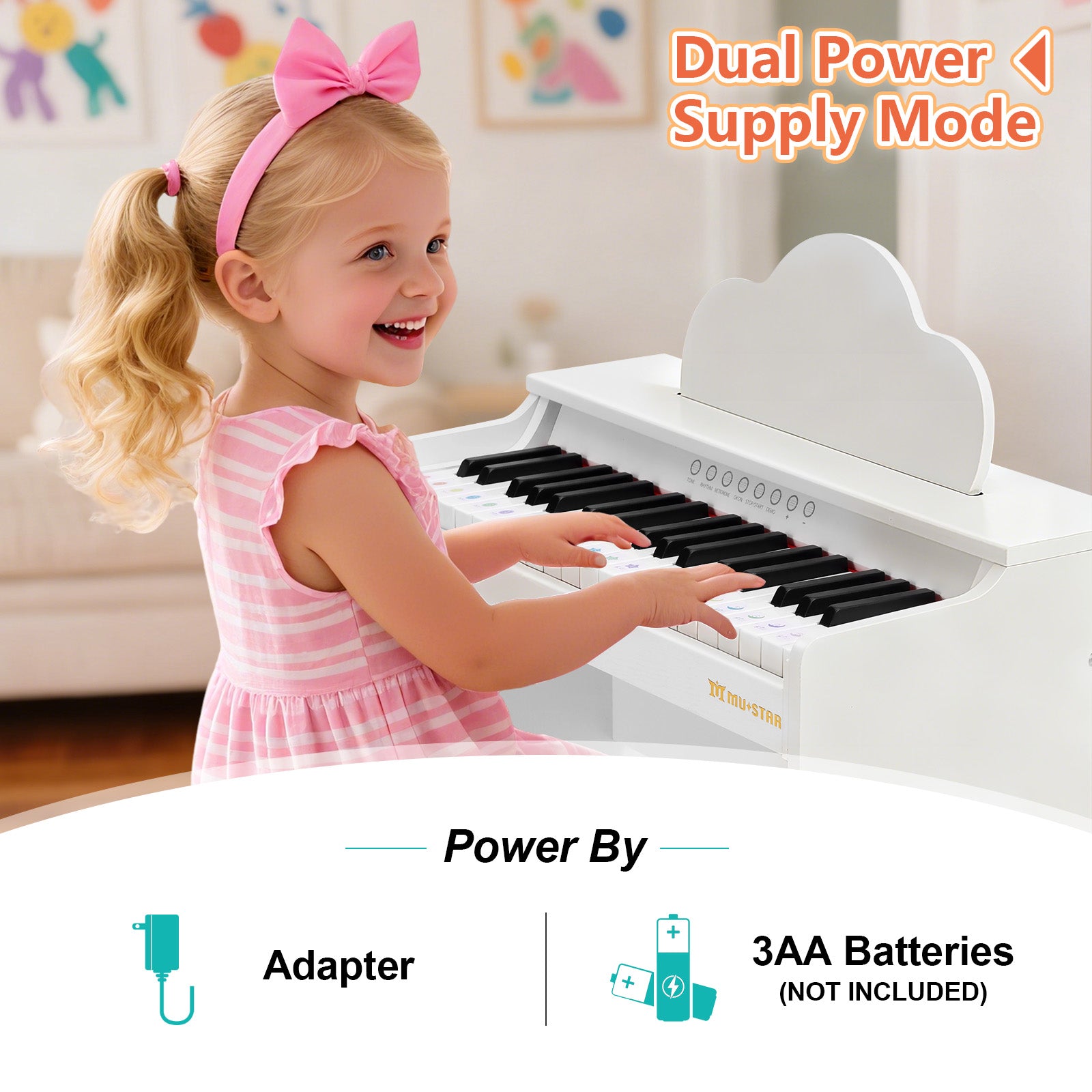 MUSTAR MT-100, 37 Keys Kids Piano Keyboard, Wooden Music Toy Instrument, Early Educational Musical Learning,Stool