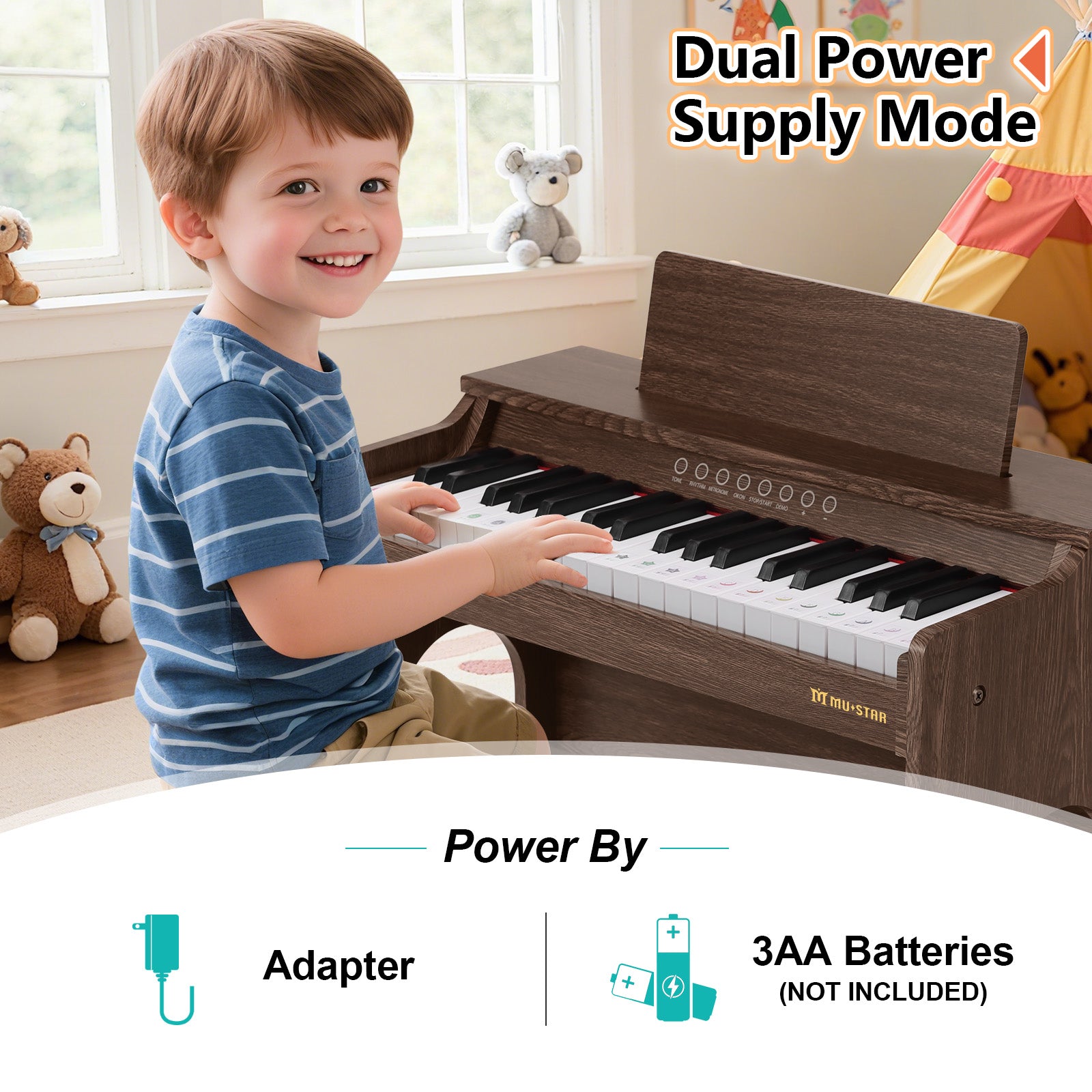 MUSTAR MT-500, 37 Keys Kids Piano Keyboard, Wooden Music Toy Instrument, Early Educational Musical Learning, Stool, 3Y+