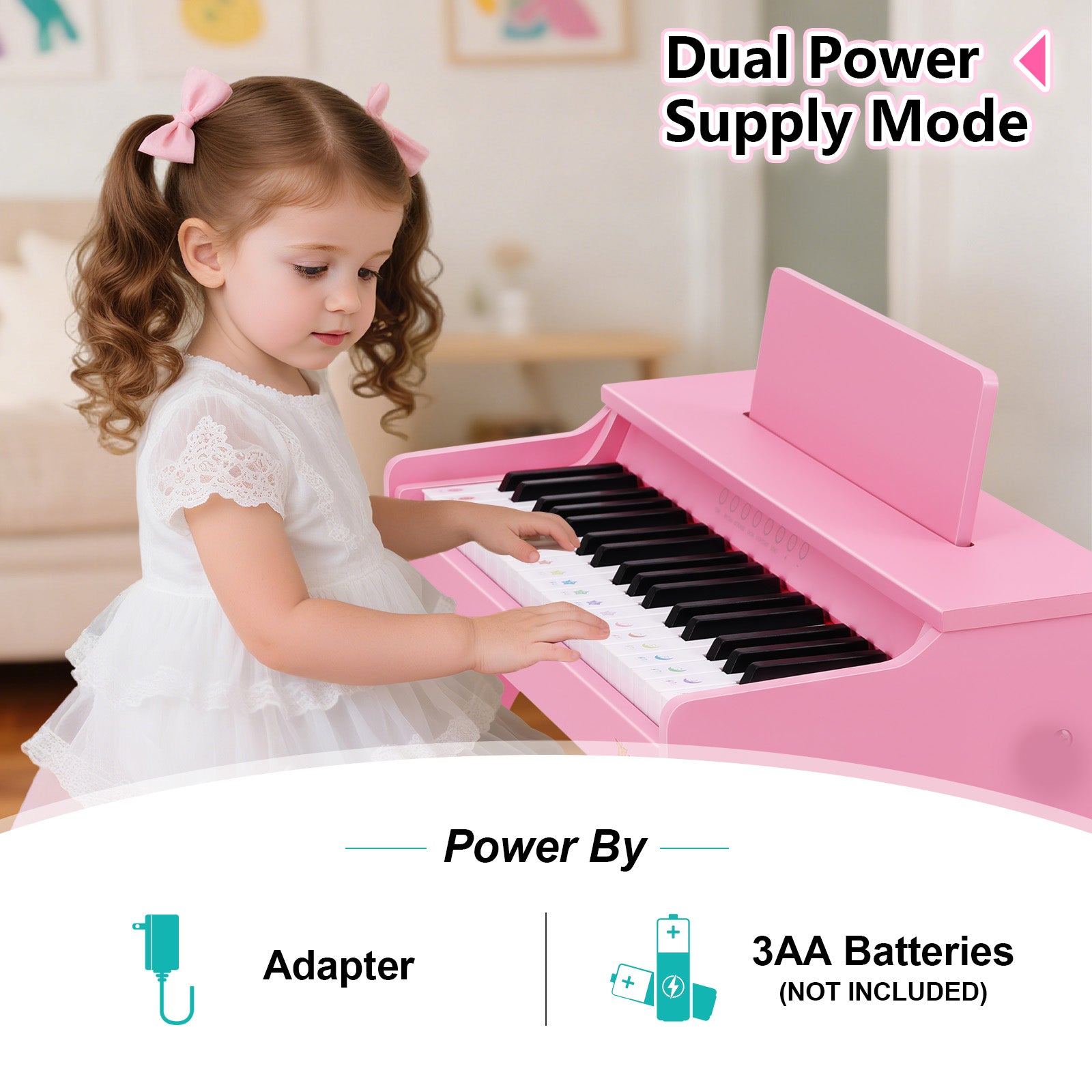 MUSTAR MT-400, 37 Keys Kids Piano Keyboard, Wooden Music Toy Instrument, Early Educational Musical Learning, Stool, Pink, 3Y+,