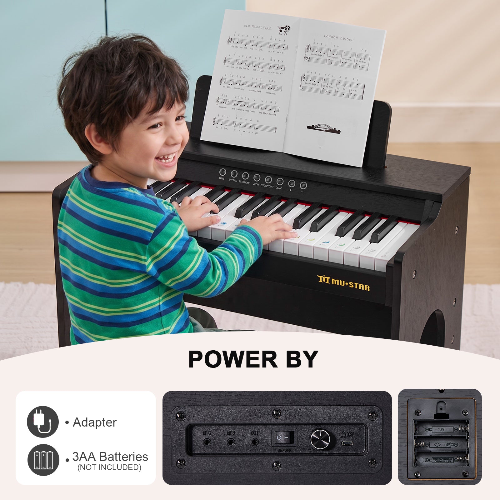 MUSTAR MT-800, 37 Keys Kids Piano Keyboard, Wooden Music Toy Instrument, Early Educational Musical Learning, Stool