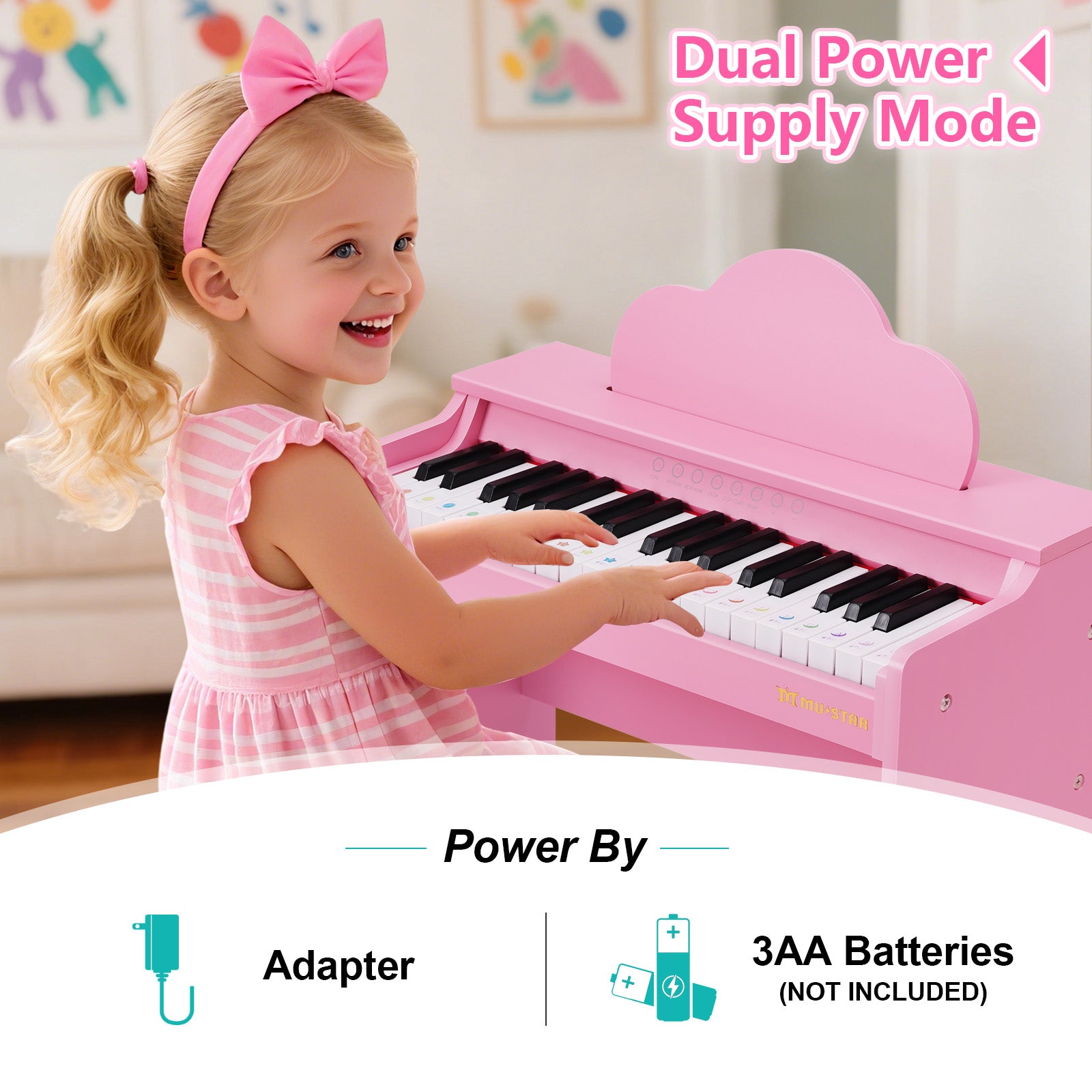 MUSTAR MT-200, 37 Keys Kids Piano Keyboard, Wooden Music Toy Instrument, Early Educational Musical Learning,Stool