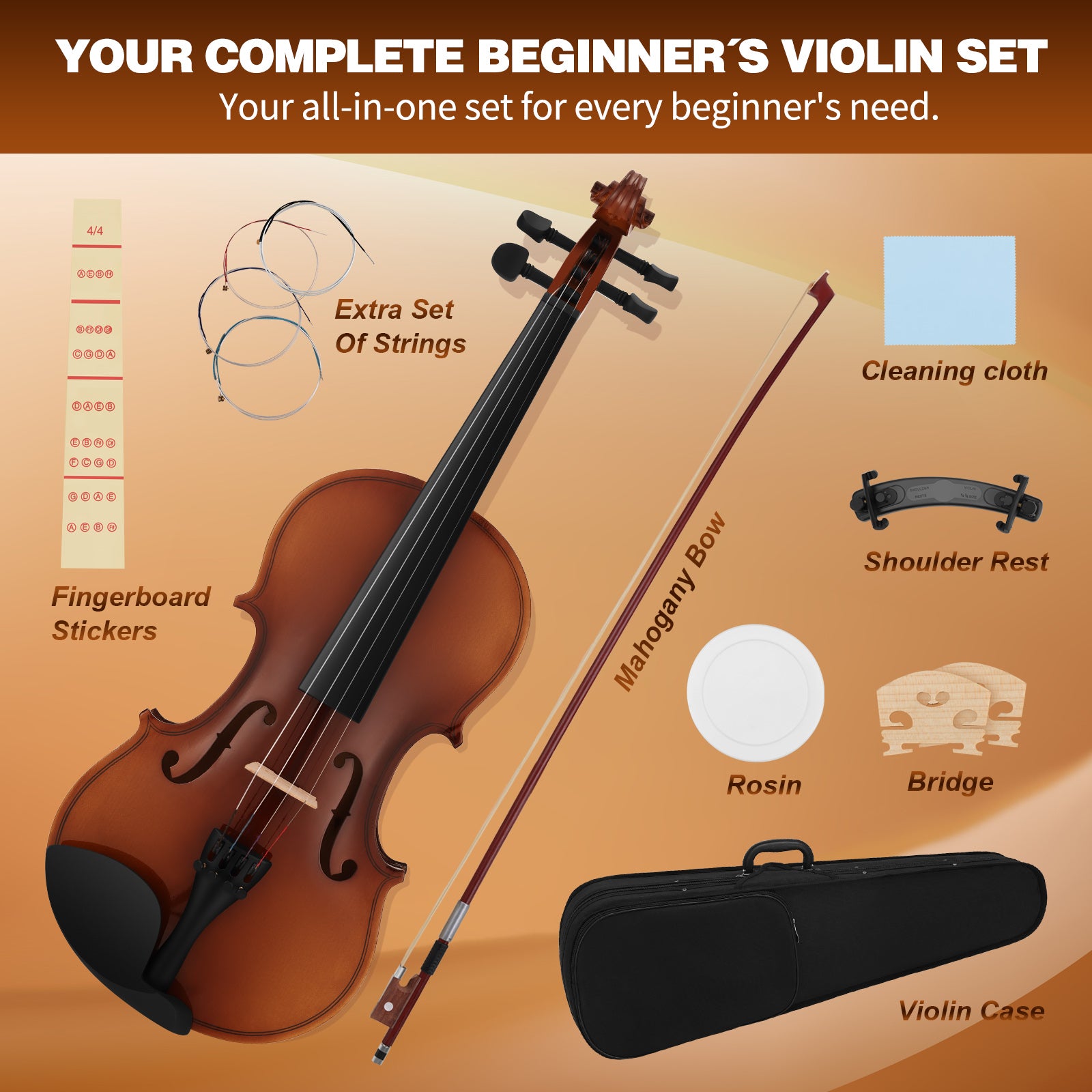 MUSTAR V200, 4/4 Violin for Beginners, Matte Dark-brown, Full Set with Bow, Rosins, Hard Case, Mute, Fingerboard Stickers, Shoulder Rest