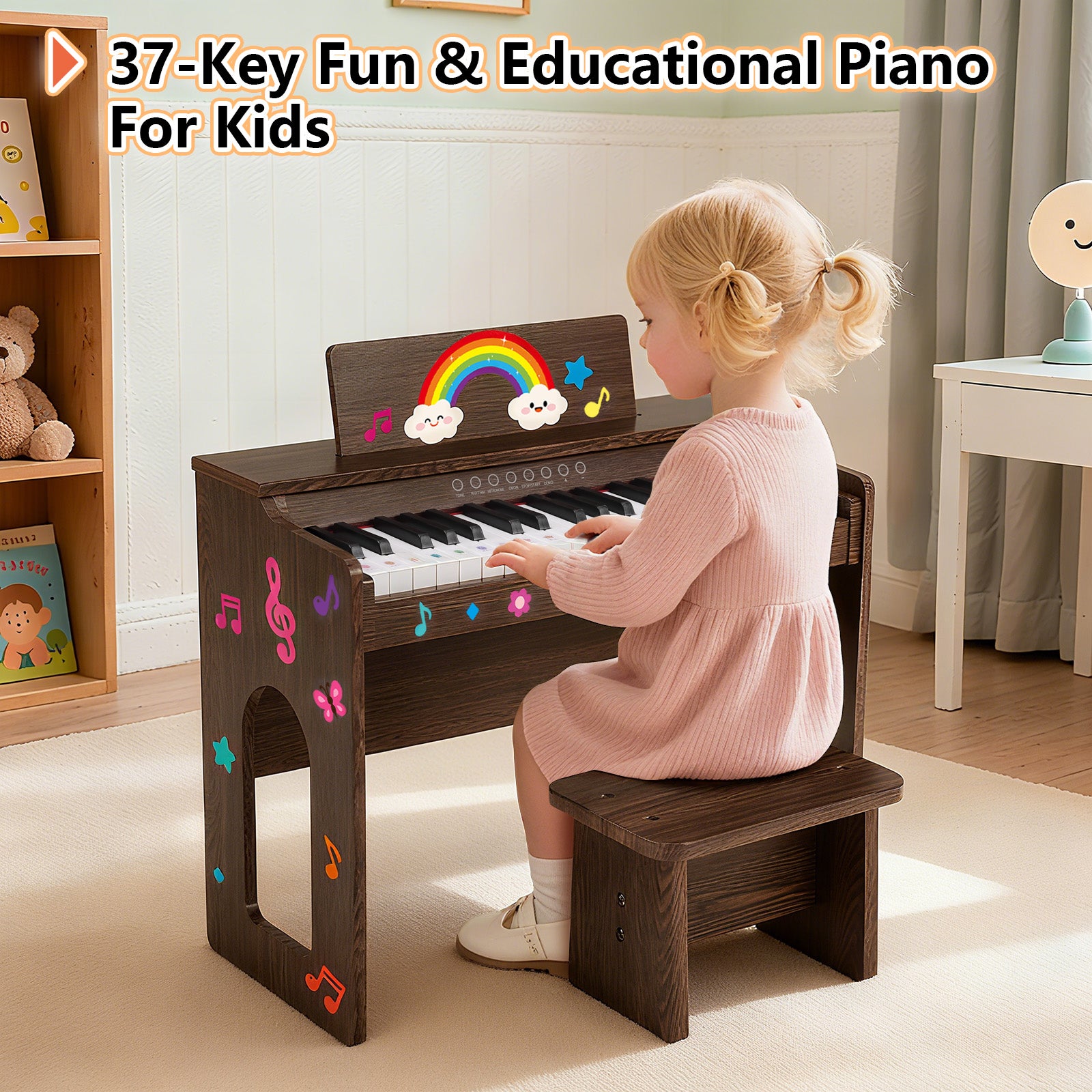 MUSTAR MT-500, 37 Keys Kids Piano Keyboard, Wooden Music Toy Instrument, Early Educational Musical Learning, Stool, 3Y+
