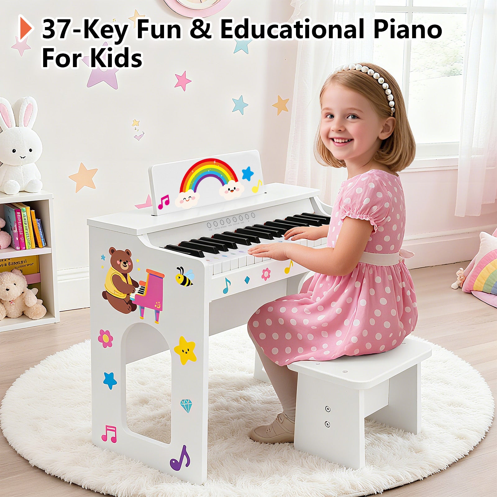 MUSTAR MT-300, 37 Keys Kids Piano Keyboard, Wooden Music Toy Instrument, Early Educational Musical Learning, 3+, Stool