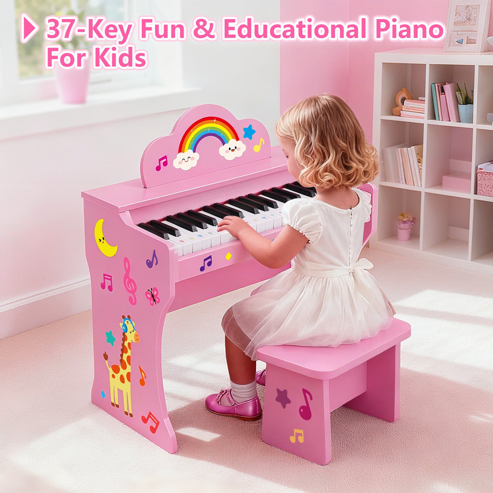 MUSTAR MT-200, 37 Keys Kids Piano Keyboard, Wooden Music Toy Instrument, Early Educational Musical Learning,Stool