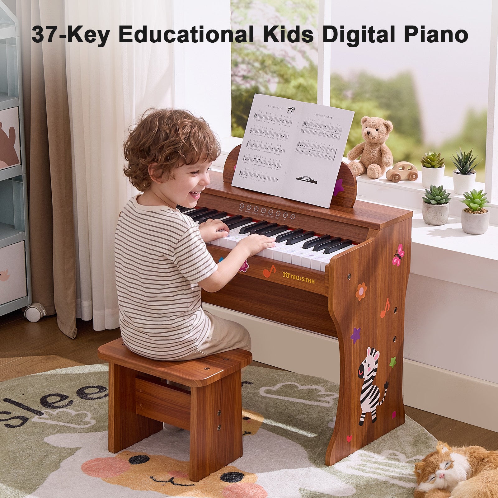 MUSTAR MT-700, 37 Keys Kids Piano Keyboard, Wooden Music Toy Instrument, Early Educational Musical Learning,Stool