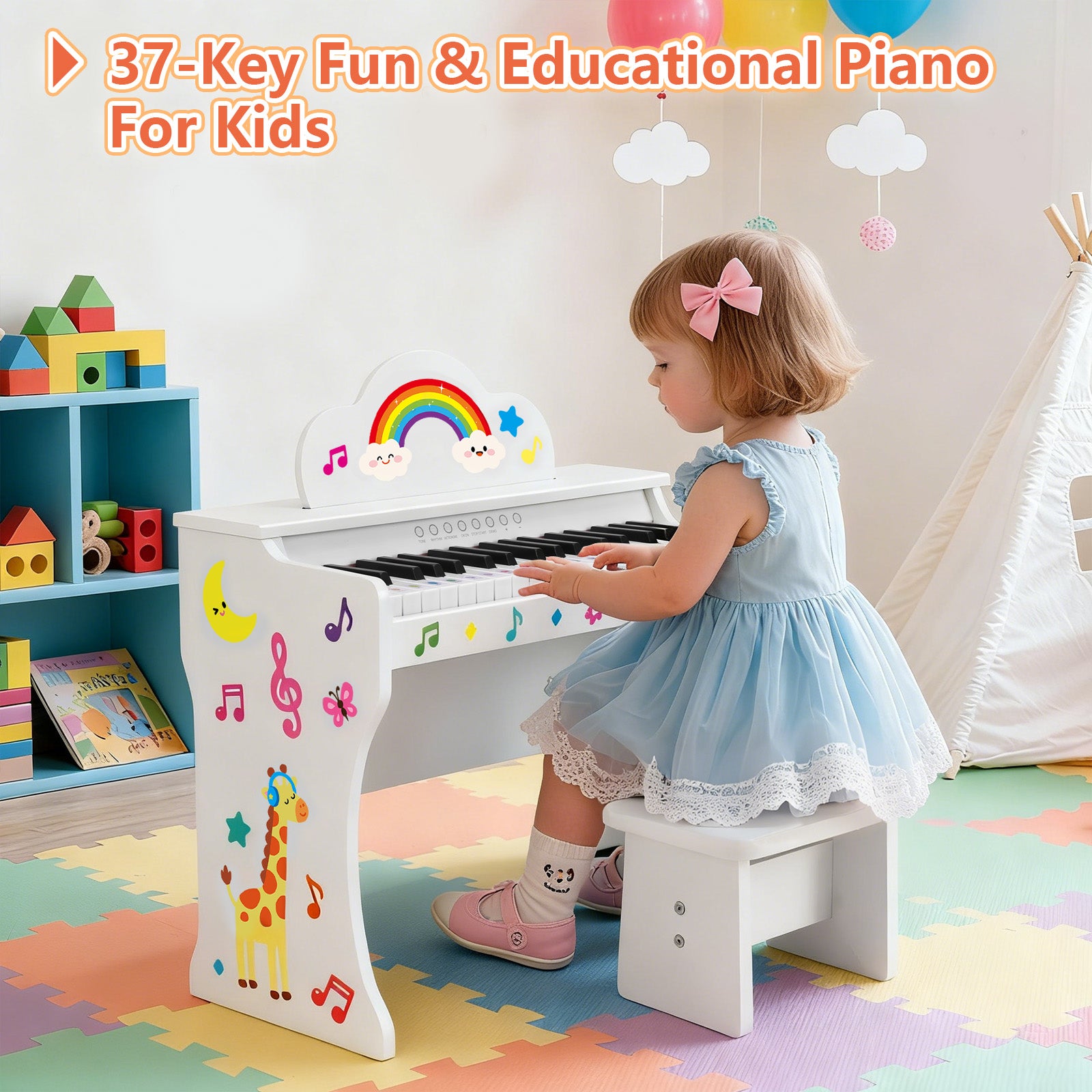 MUSTAR MT-100, 37 Keys Kids Piano Keyboard, Wooden Music Toy Instrument, Early Educational Musical Learning,Stool