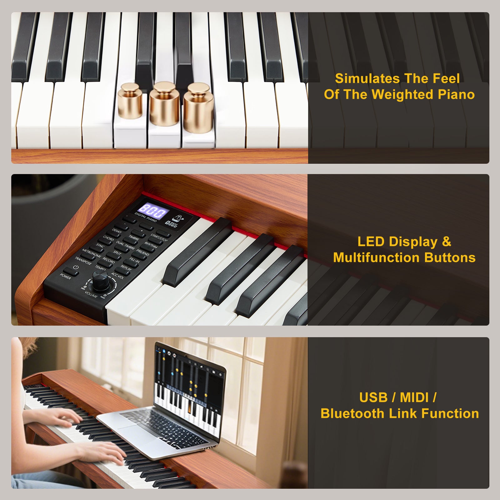 MUSTAR MDP-2300, 88 Semi Weighted Key Digital Piano, Electronic Keyboards, Bluetooth/ MIDI,3 Pedals, 80 demo 600 rhythms 800 tones