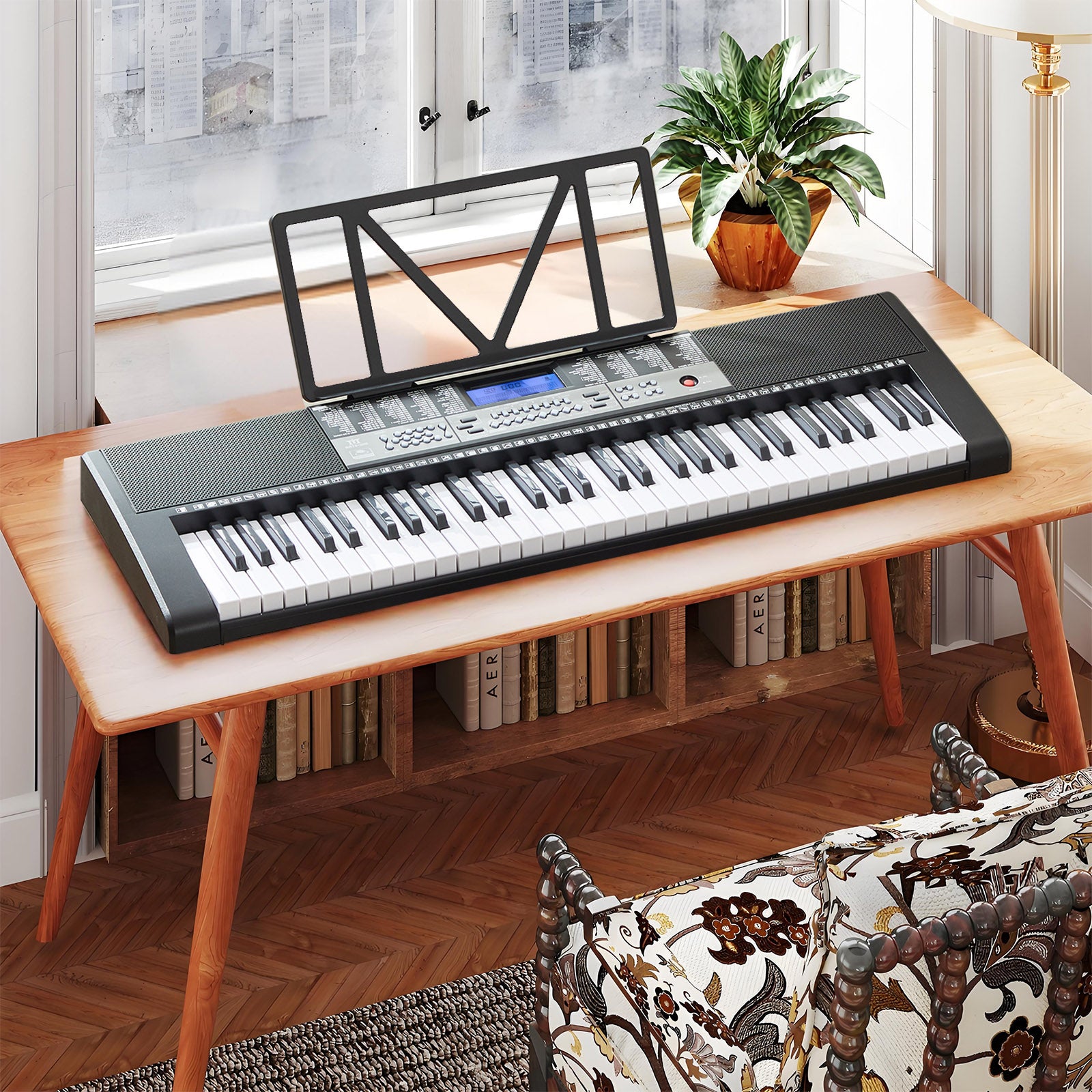 MUSTAR MEKS-800, LCD, 61 Key Portable Electronic Keyboard, Lighted Up Learning Piano Keyboard, Beginner Set with Stool