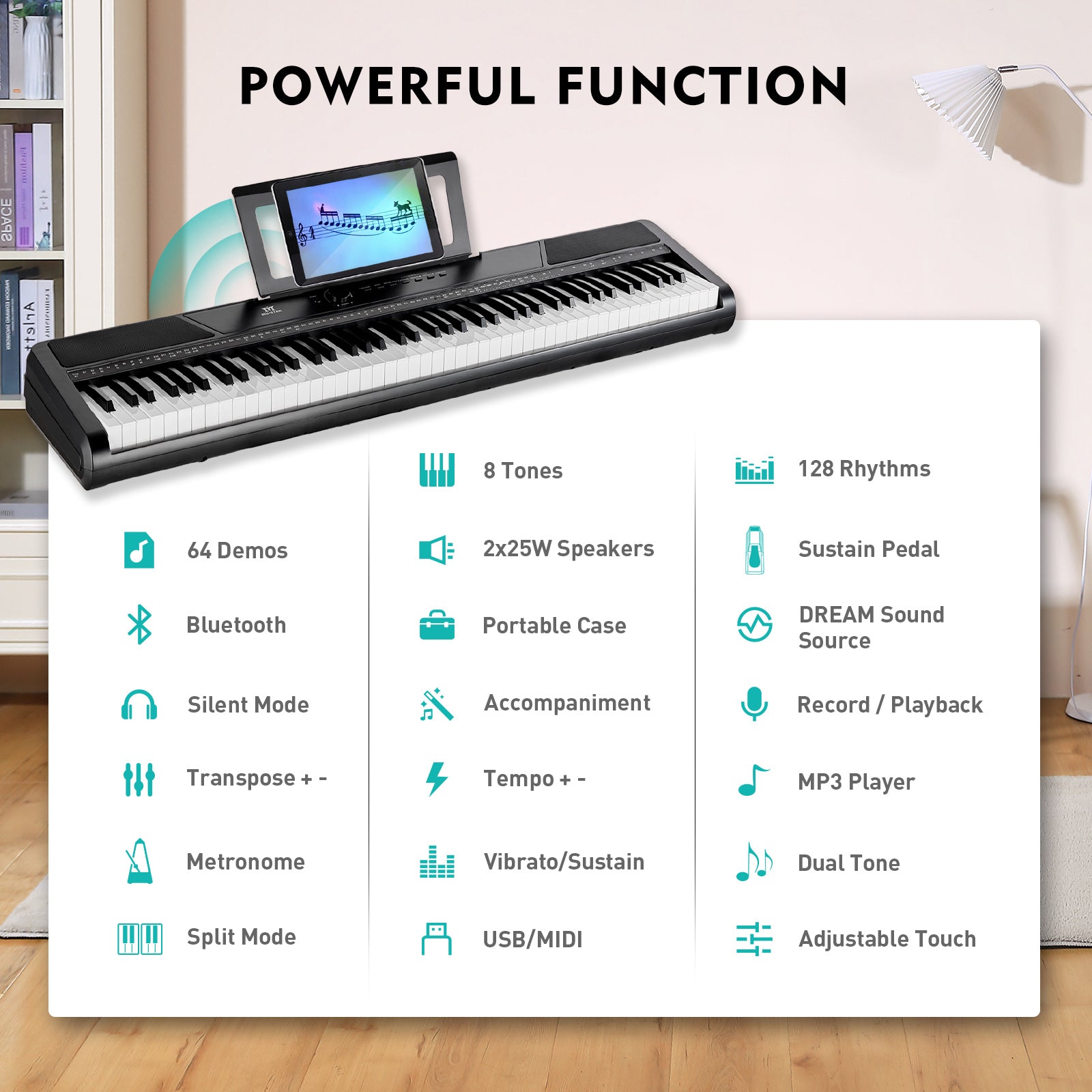 MUSTAR MEP-1100, 88 keys Digital Piano, Semi Weighted Keyboard Piano, Electronic Keyboards for Beginners, Sustain Pedal, USB/MIDI/Bluetooth, ABS, 128 Rhythms, 2 built-in 25W Stereo Speakers, Black