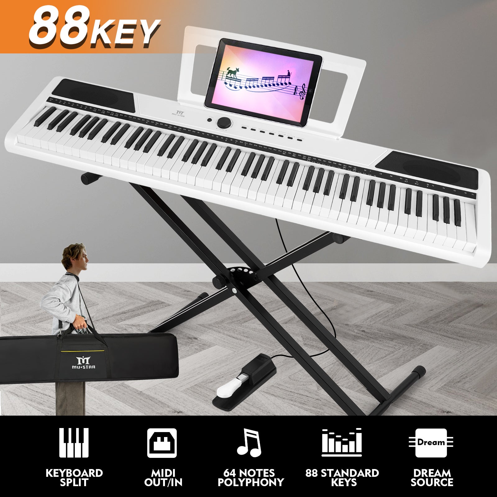 MUSTAR MEP-1400, 88 keys Digital Piano, Semi Weighted Keyboard Piano, Electronic Keyboards for Beginners, Sustain Pedal, USB/MIDI/Bluetooth, ABS, 128 Rhythms, 2 built-in 25W Stereo Speakers, White