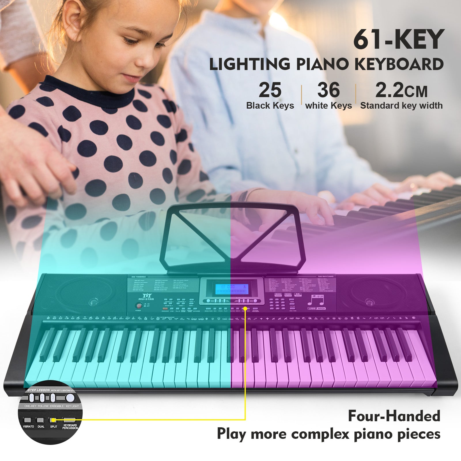 MUSTAR MEKS-500, 61 Key Piano Keyboard, Learning Electric Piano Keyboard, Lighted Up Keys, Teaching Modes, Corded Electric and Battery Powered, for Beginners Black, Gifts