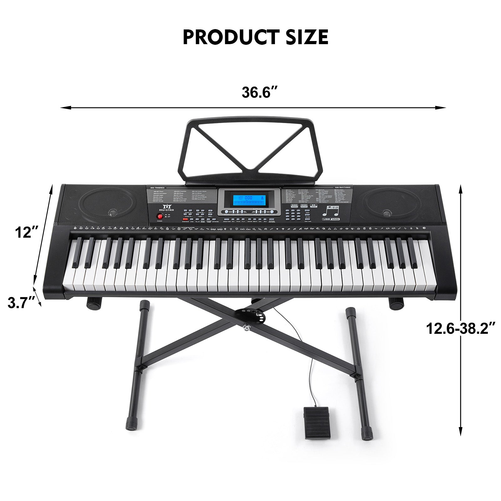 MUSTAR MEKS-500, 61 Key Piano Keyboard, Learning Electric Piano Keyboard, Lighted Up Keys, Teaching Modes, Corded Electric and Battery Powered, for Beginners Black, Gifts