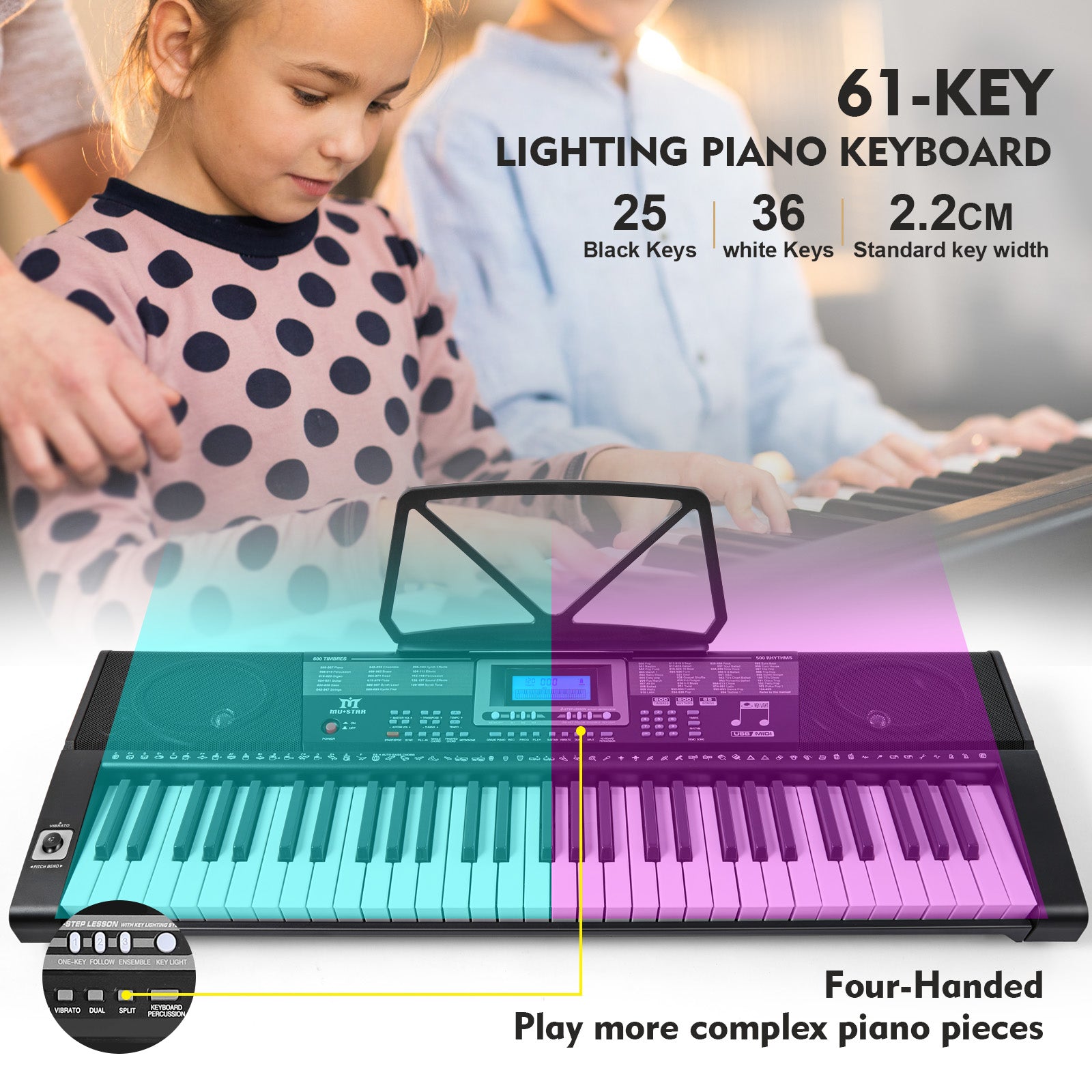 MUSTAR MEKS-500, 61 Key Portable Electronic Keyboard, Lighted Up Learning Piano Keyboard, LCD, Beginner Set, Gifts
