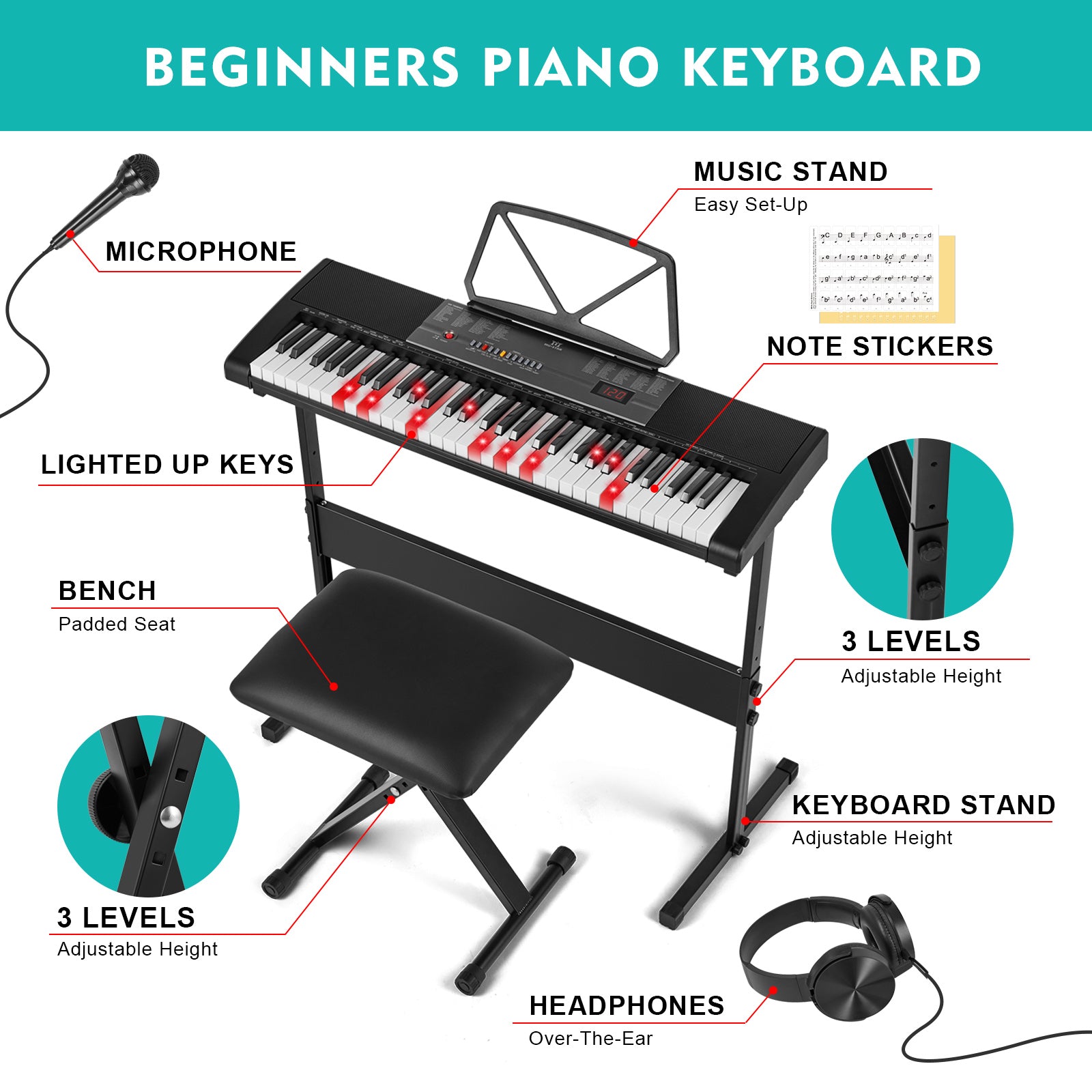 MUSTAR MEKS-700, Piano Keyboard with Lighted Up Keys, 61 Keys Learning Keyboard for Beginners, Bench, Teaching Modes, Two Power Supply Methods, Built-In Speaker, Lighted Keys, Microphone Input, Split Mode