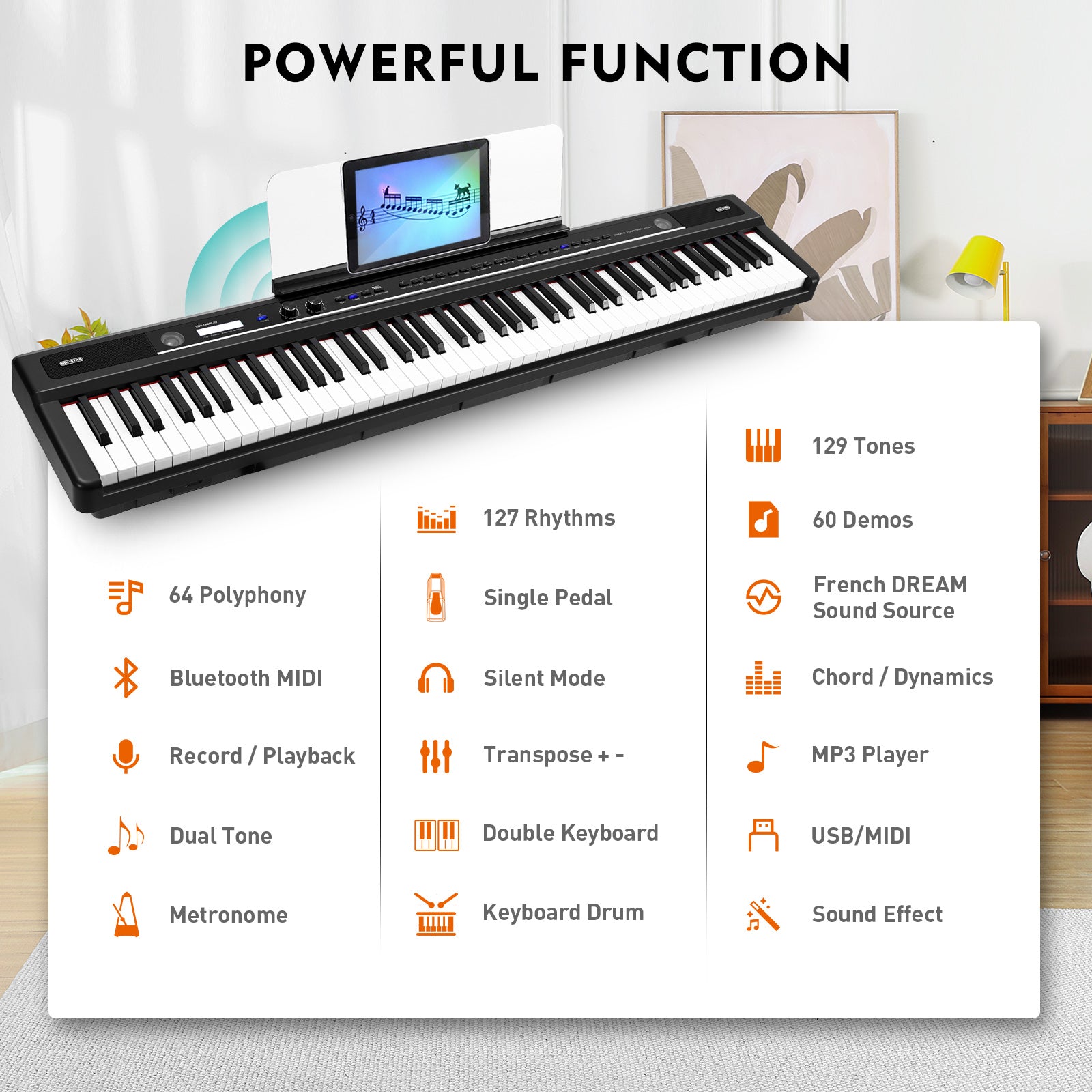 MUSTAR MEP-1700, Digital Piano 88 Keys Electronic Keyboards, Semi Weighted Electric Piano, Bluetooth Connection, Sustain Pedal, Black