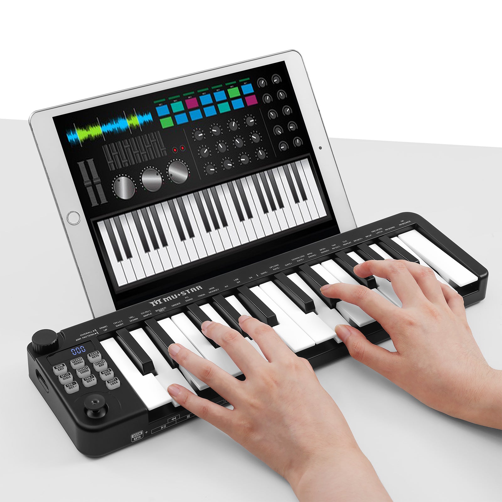 Mustar MM-100, Mini MIDI Keyboard, 25 Key MIDI Controller for Beginner with Dual-Channel Keyboard, Knob, Joystick, Built-in MIDI Clock, LED Display
