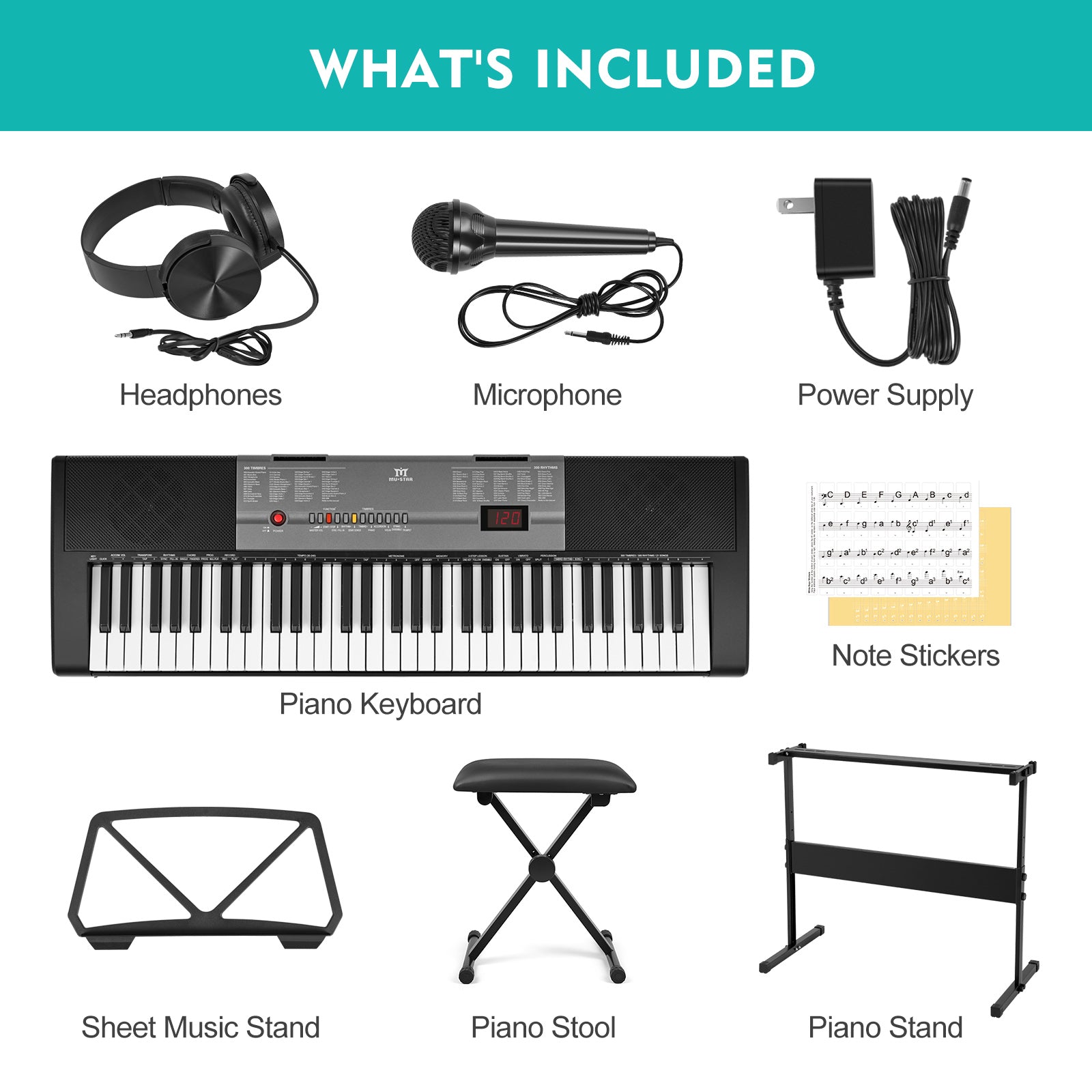 MUSTAR MEKS-700, Piano Keyboard with Lighted Up Keys, 61 Keys Learning Keyboard for Beginners, Bench, Teaching Modes, Two Power Supply Methods, Built-In Speaker, Lighted Keys, Microphone Input, Split Mode