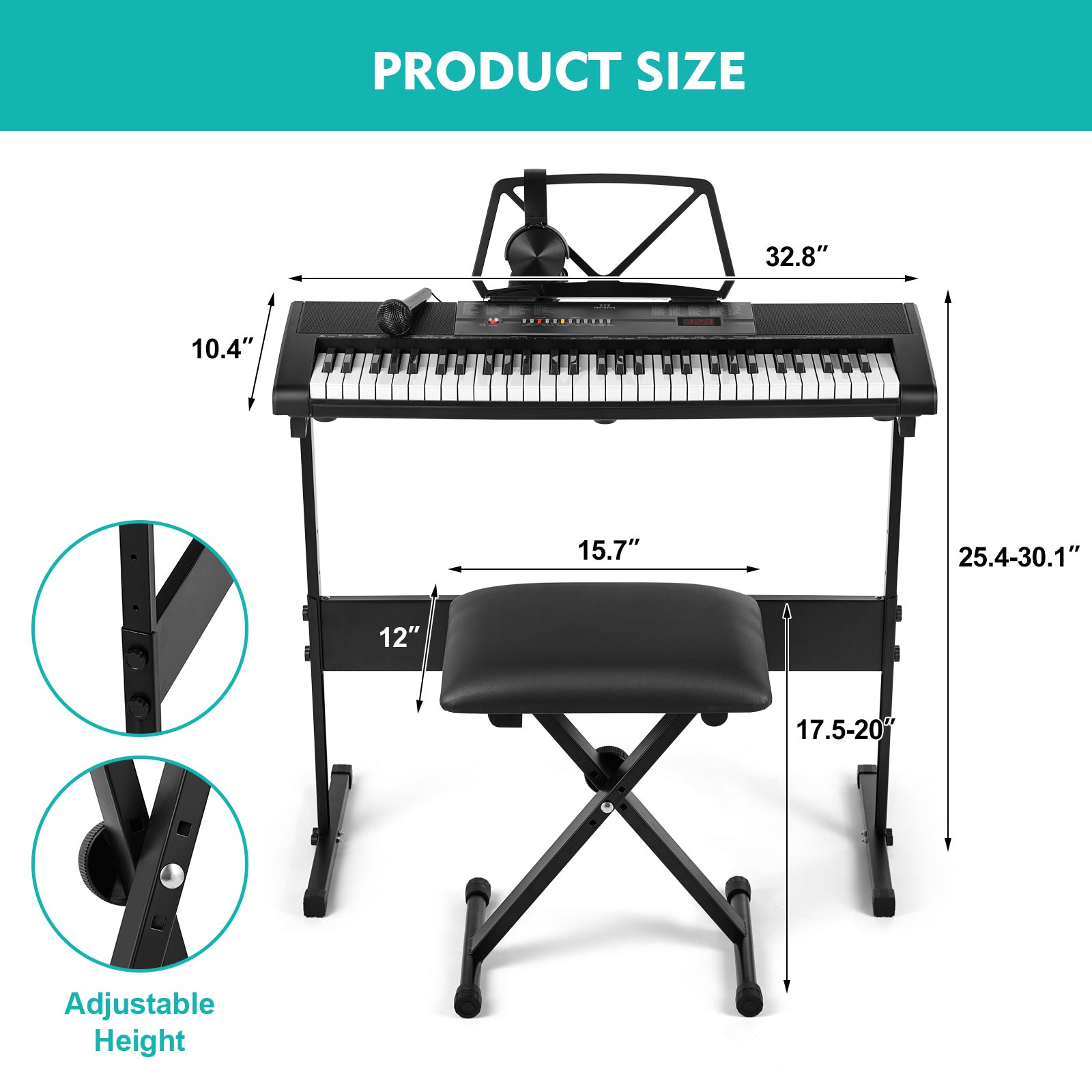 MUSTAR MEKS-700, Piano Keyboard with Lighted Up Keys, 61 Keys Learning Keyboard for Beginners, Bench, Teaching Modes, Two Power Supply Methods, Built-In Speaker, Lighted Keys, Microphone Input, Split Mode