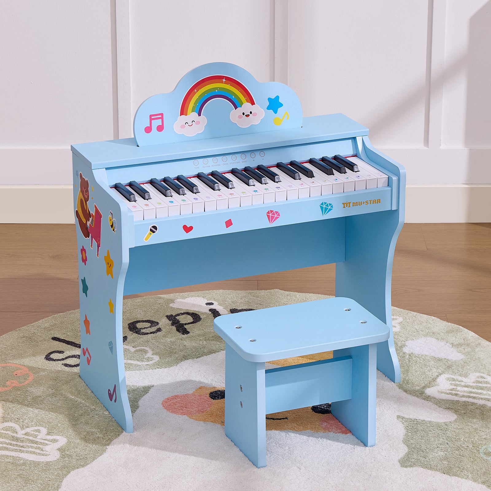 MUSTAR MT-600, 37 Keys Kids Piano Keyboard,  Wooden Music Toy Instrument, Early Educational Musical Learning,Stool