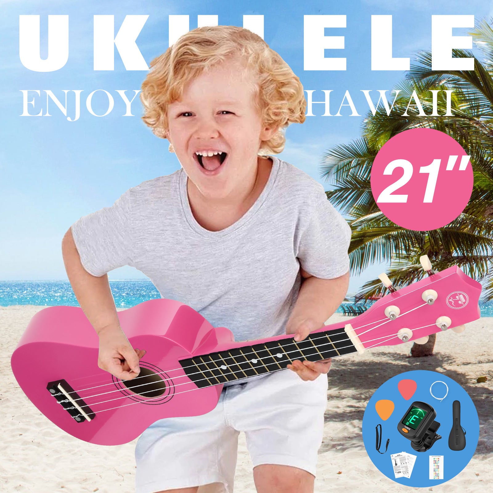MUSTAR MU-401, 21 Inch Soprano Ukulele for Beginners Kids Pink