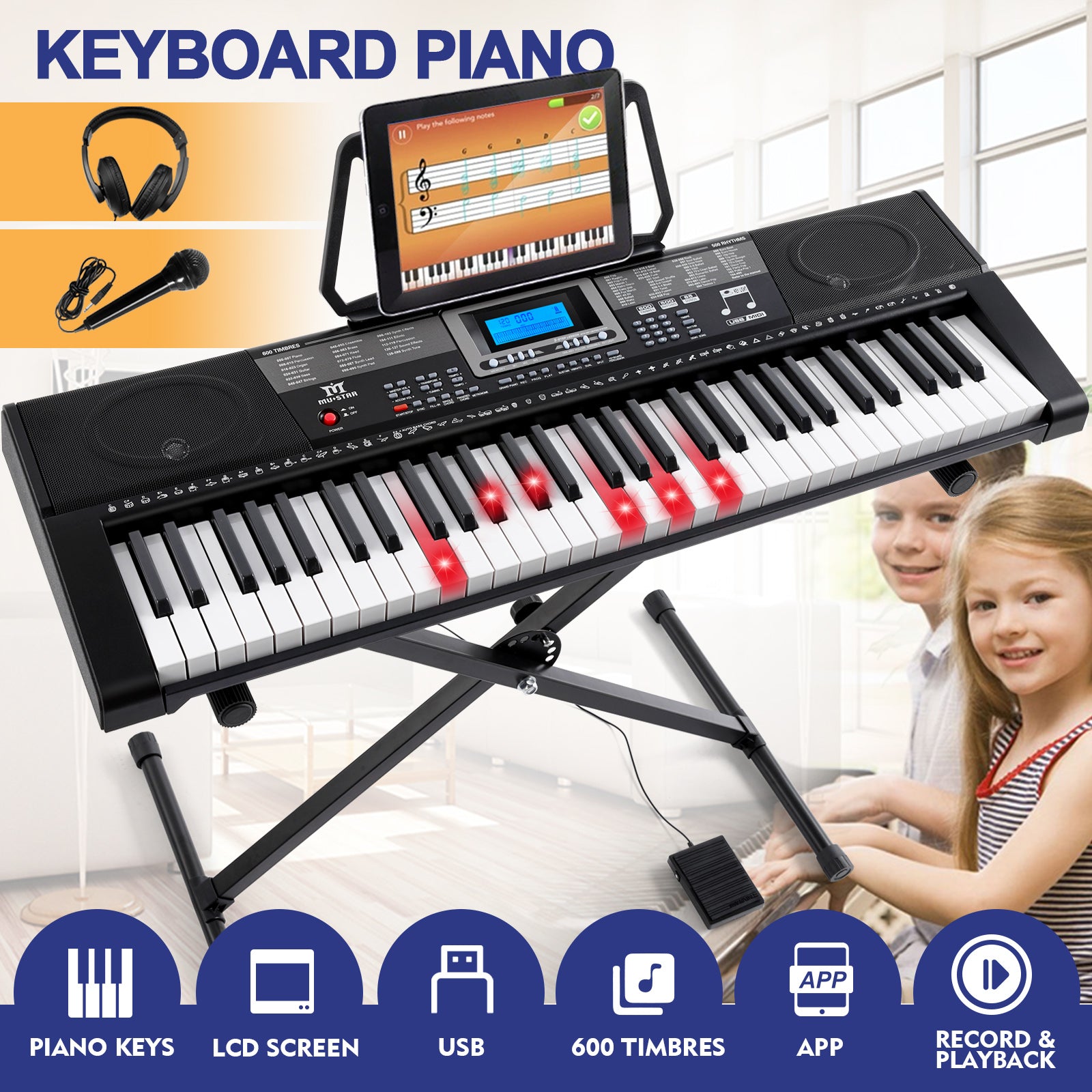 MUSTAR MEKS-500, 61 Key Piano Keyboard, Learning Electric Piano Keyboard, Lighted Up Keys, Teaching Modes, Corded Electric and Battery Powered, for Beginners Black, Gifts