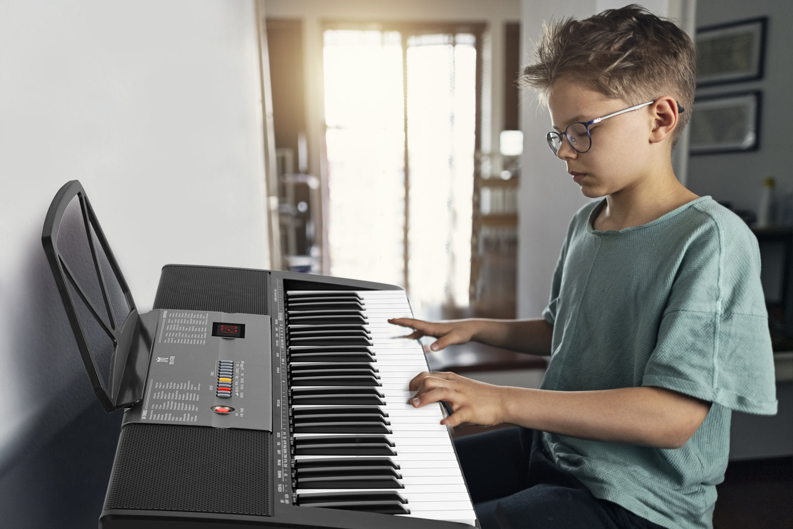 MUSTAR MEKS-700, Piano Keyboard with Lighted Up Keys, 61 Keys Learning Keyboard for Beginners, Bench, Teaching Modes, Two Power Supply Methods, Built-In Speaker, Lighted Keys, Microphone Input, Split Mode