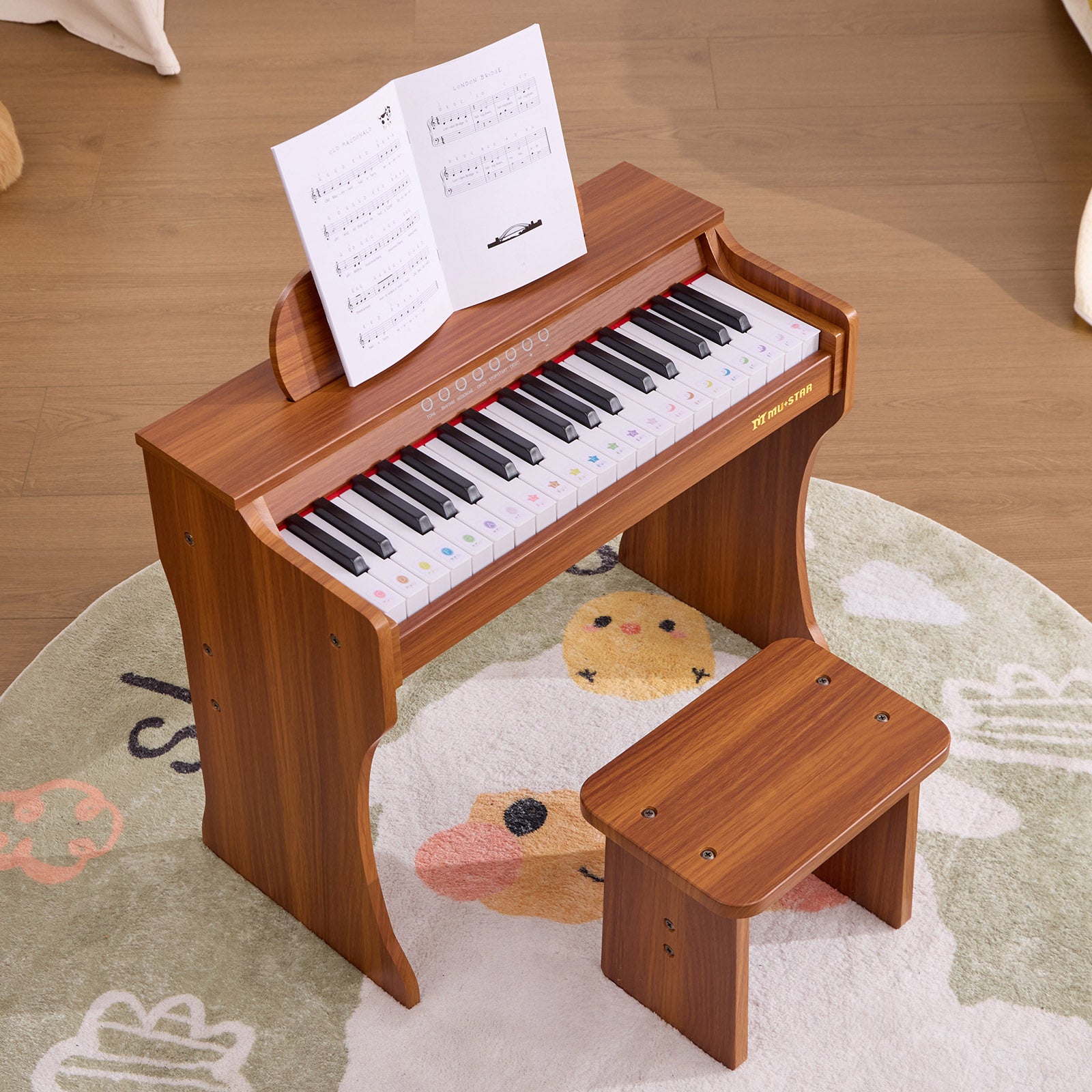 MUSTAR MT-700, 37 Keys Kids Piano Keyboard,  Wooden Music Toy Instrument, Early Educational Musical Learning,Stool