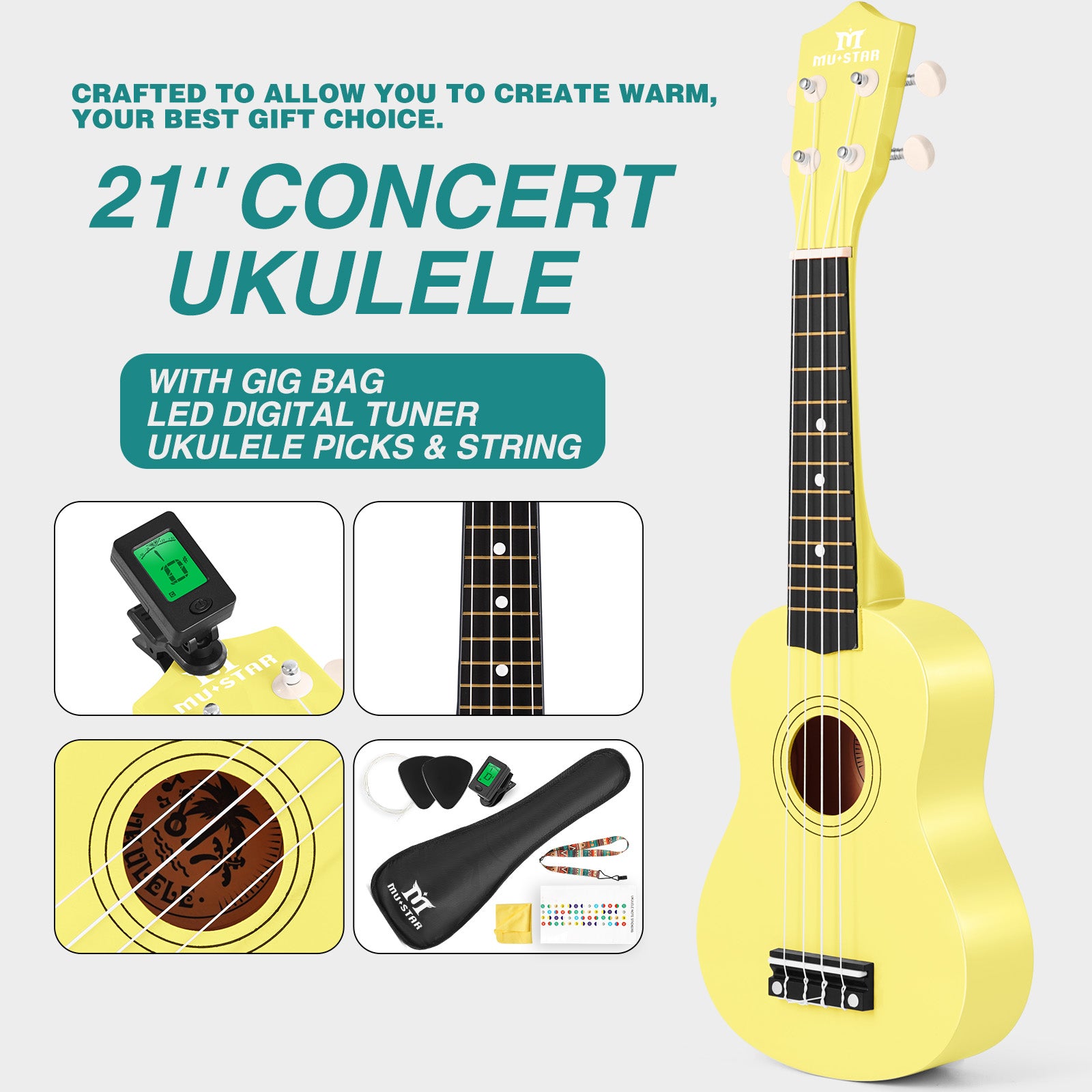 MUSTAR MU-1900, 21 Inch Soprano Ukulele for Beginners Kids Yellow