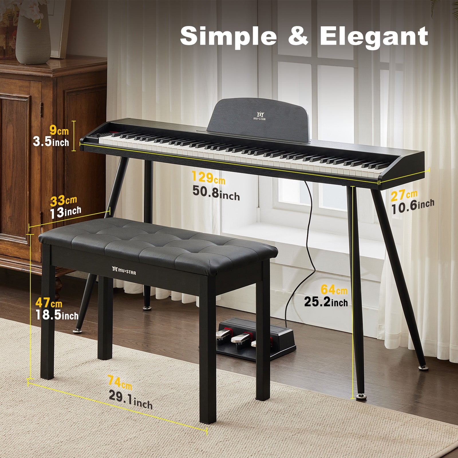 MUSTAR MDP-2100, 88 Semi Weighted Key Digital Piano With Stool, Electronic Keyboards, Beach, Bluetooth/ MIDI,3 Pedals, 80 demo 600 rhythms 800 tones