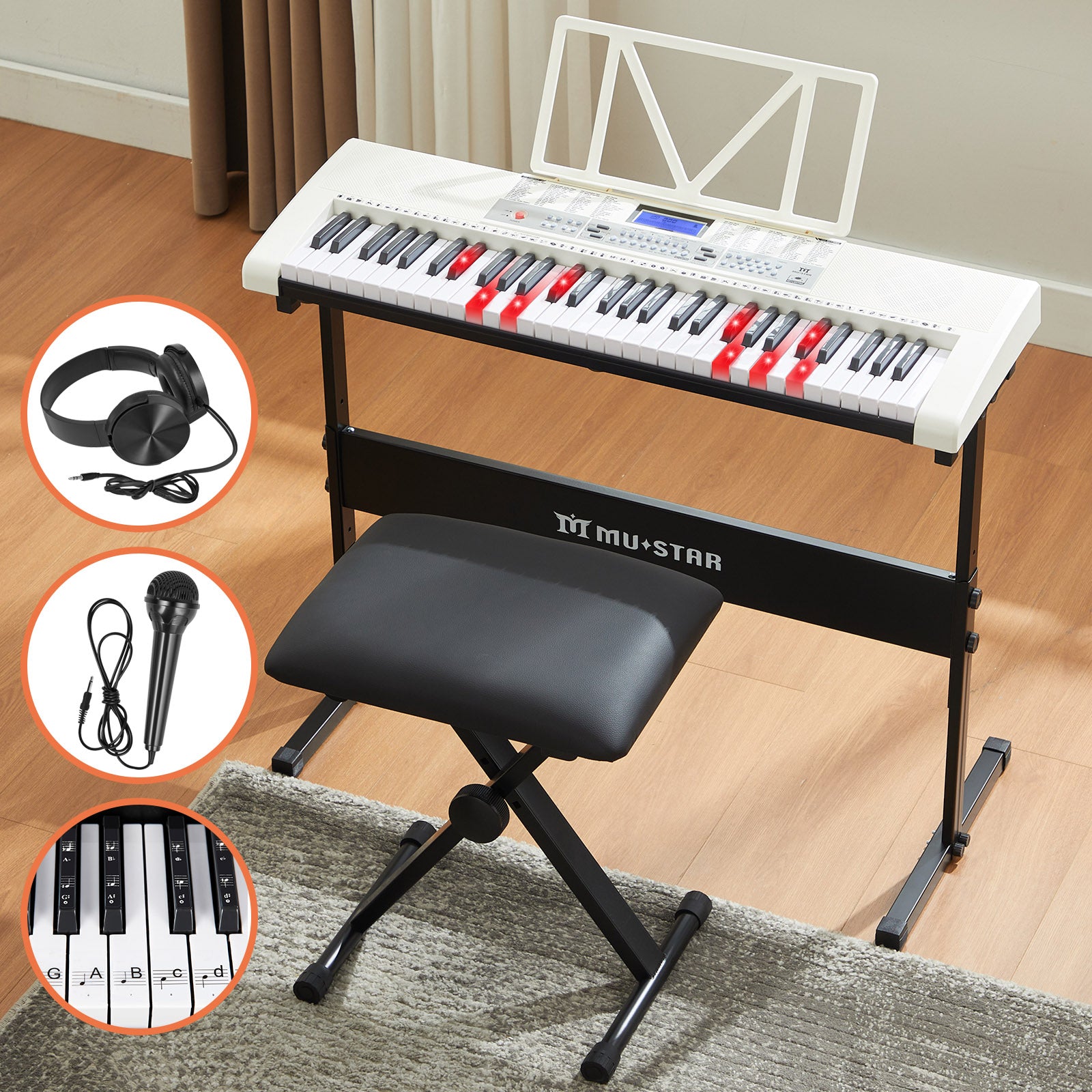 MUSTAR MEKS-900,  61 Key Learning Piano Keyboard, With Lighted Up Keys, For Beginners, White