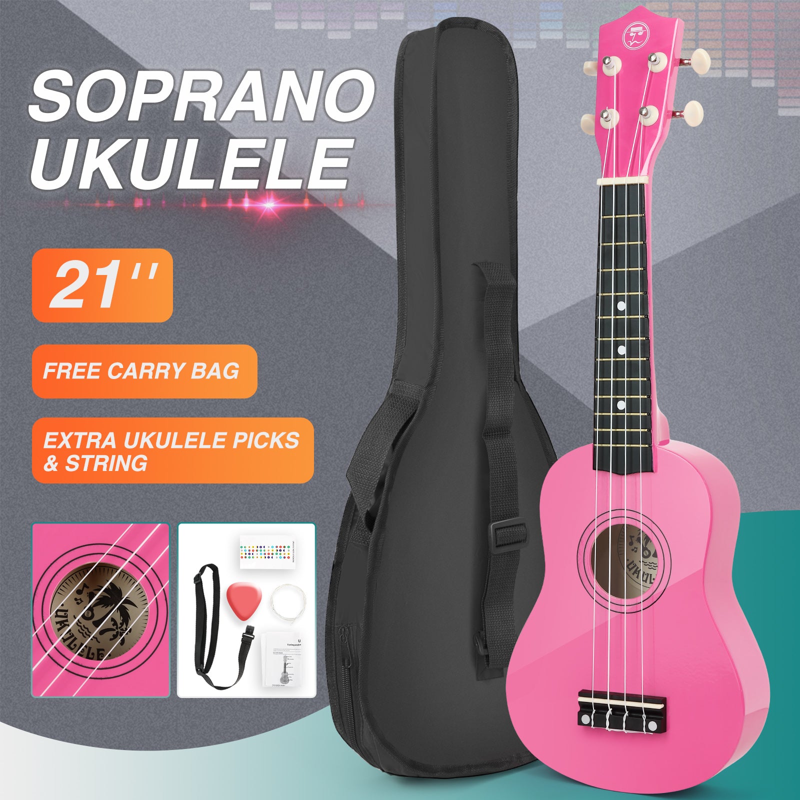 MUSTAR MU-401, 21 Inch Soprano Ukulele for Beginners Kids Pink