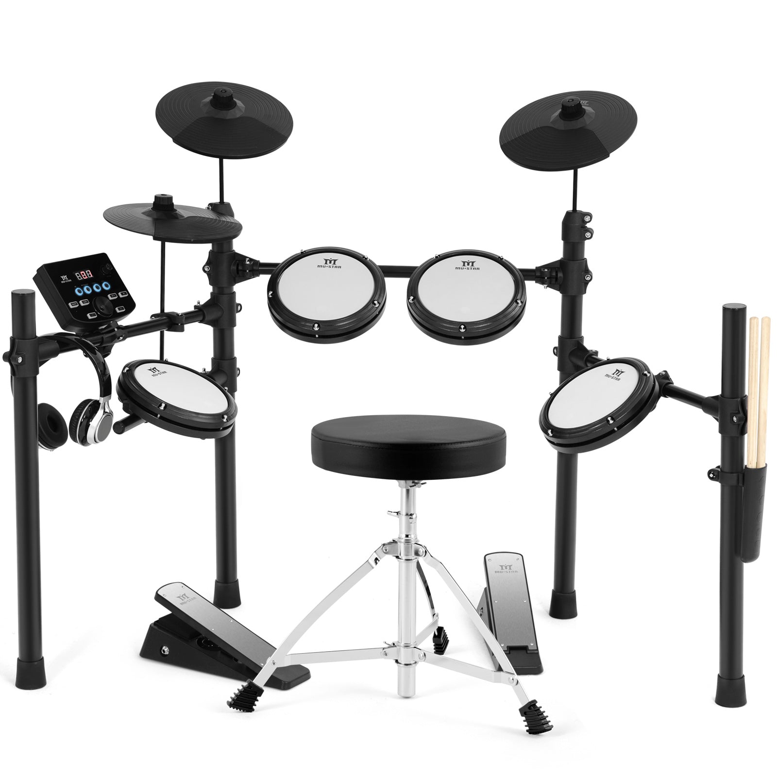 MUSTAR MED-400, MUSTAR Electronic Drum Set, Electric Drum Sets for Beginners with Mesh Drum Pads, 10" Cymbals, 2 Pedals, Drum Stool, Headphones, Sticks, USB MIDI Connectivity