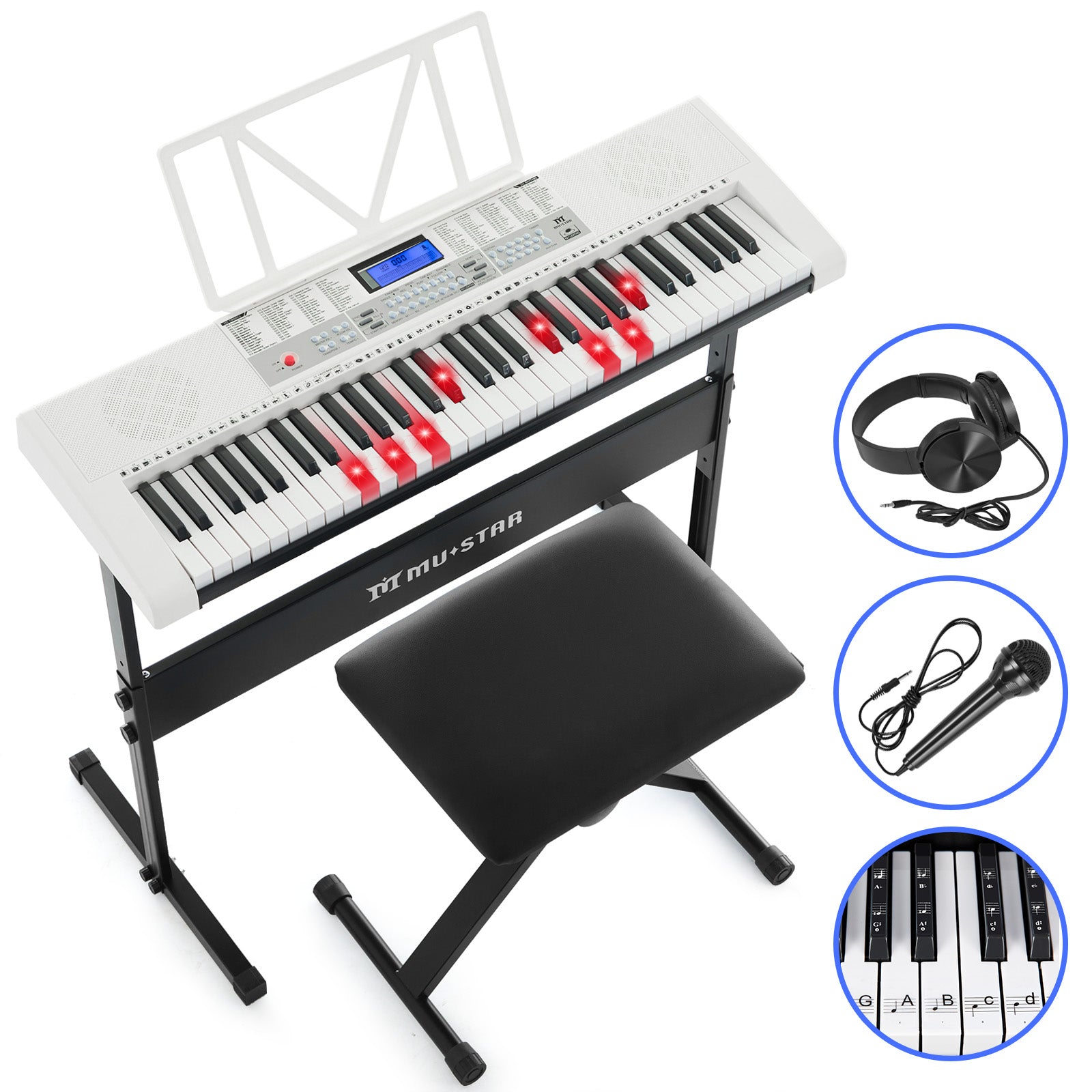 MUSTAR MEKS-900,  61 Key Learning Piano Keyboard, With Lighted Up Keys, For Beginners, White
