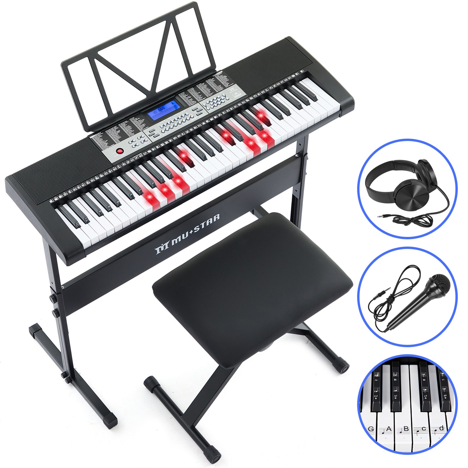 MUSTAR MEKS-800,  LCD, 61 Key Piano Keyboard with Lighted Up Keys, Learning Keyboard for Beginners, Headphone, Microphone, Stand, Stool, Stickers, Black