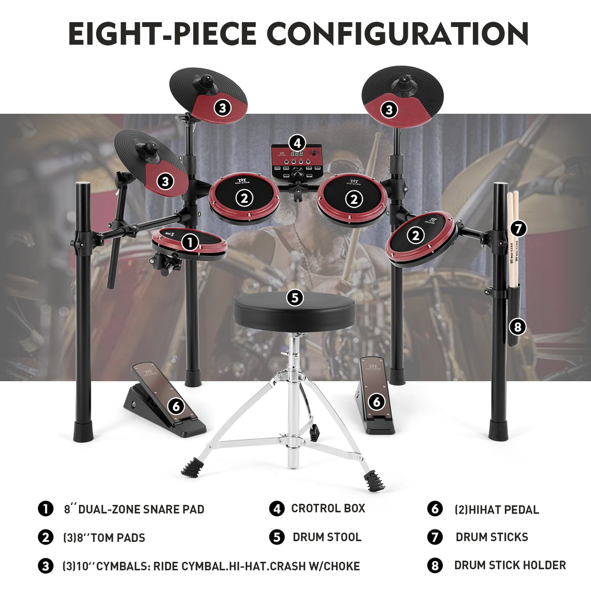 Mustar Sound Module MUSTAR MED-200, Electronic Drum Set, 180 Sounds, 15 Kits, For Kids, Bi