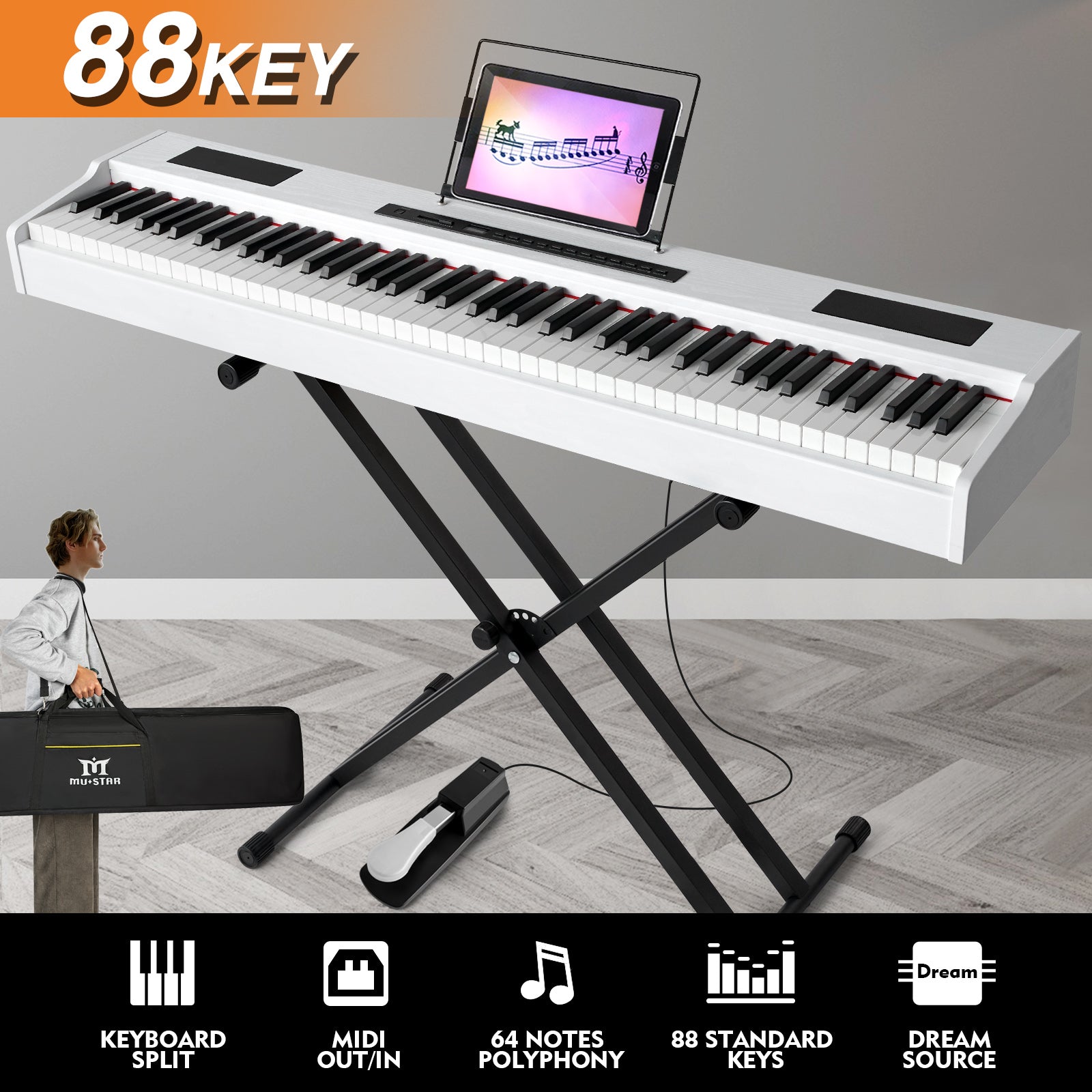 88 Key Weighted Digital Piano, MUSTAR MDP-1300,  Wooden Electronic Keyboards, Hammer Action, Bluetooth Connection, MIDI, Sustain Pedal, 80 demo 600 rhythms 800 tones, 2×20W stereo speakers, White