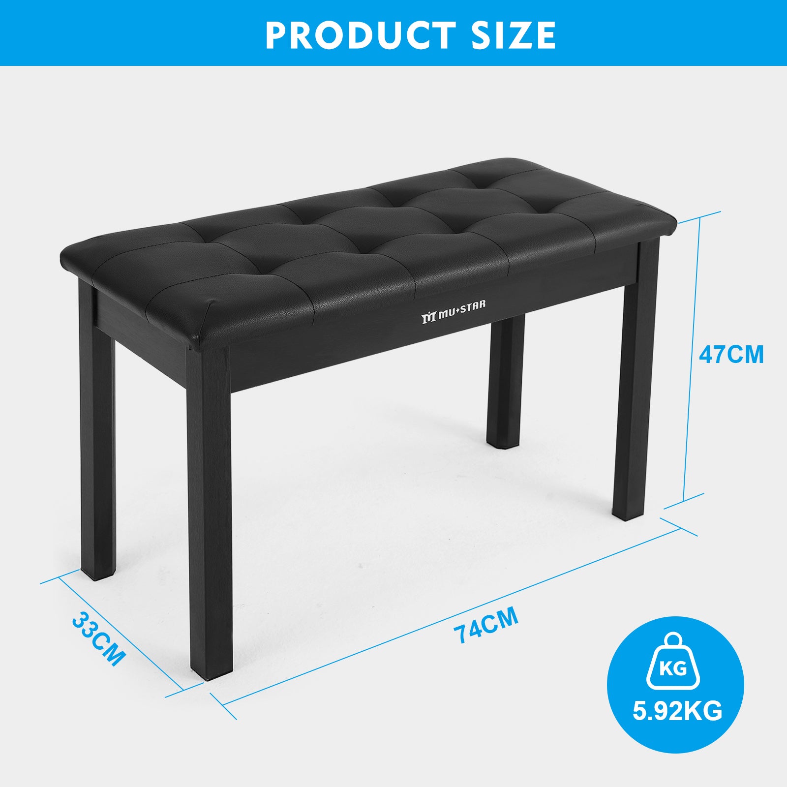 MUSTAR MS-100, Wooden Piano Bench, Padded Piano Stool with Storage, Black