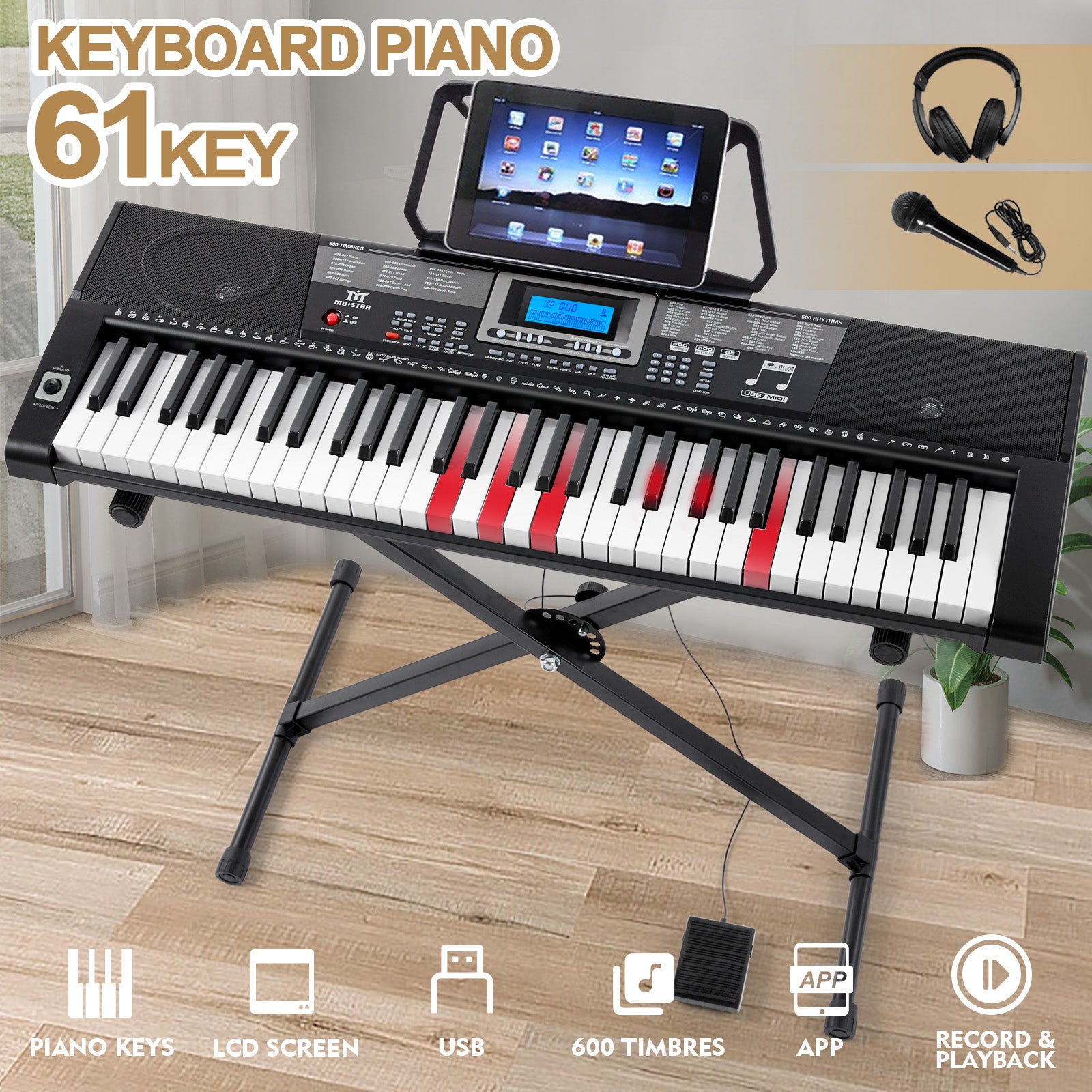 MUSTAR MEKS-500, 61 Key Portable Electronic Keyboard, Lighted Up Learning Piano Keyboard, LCD, Beginner Set, Gifts