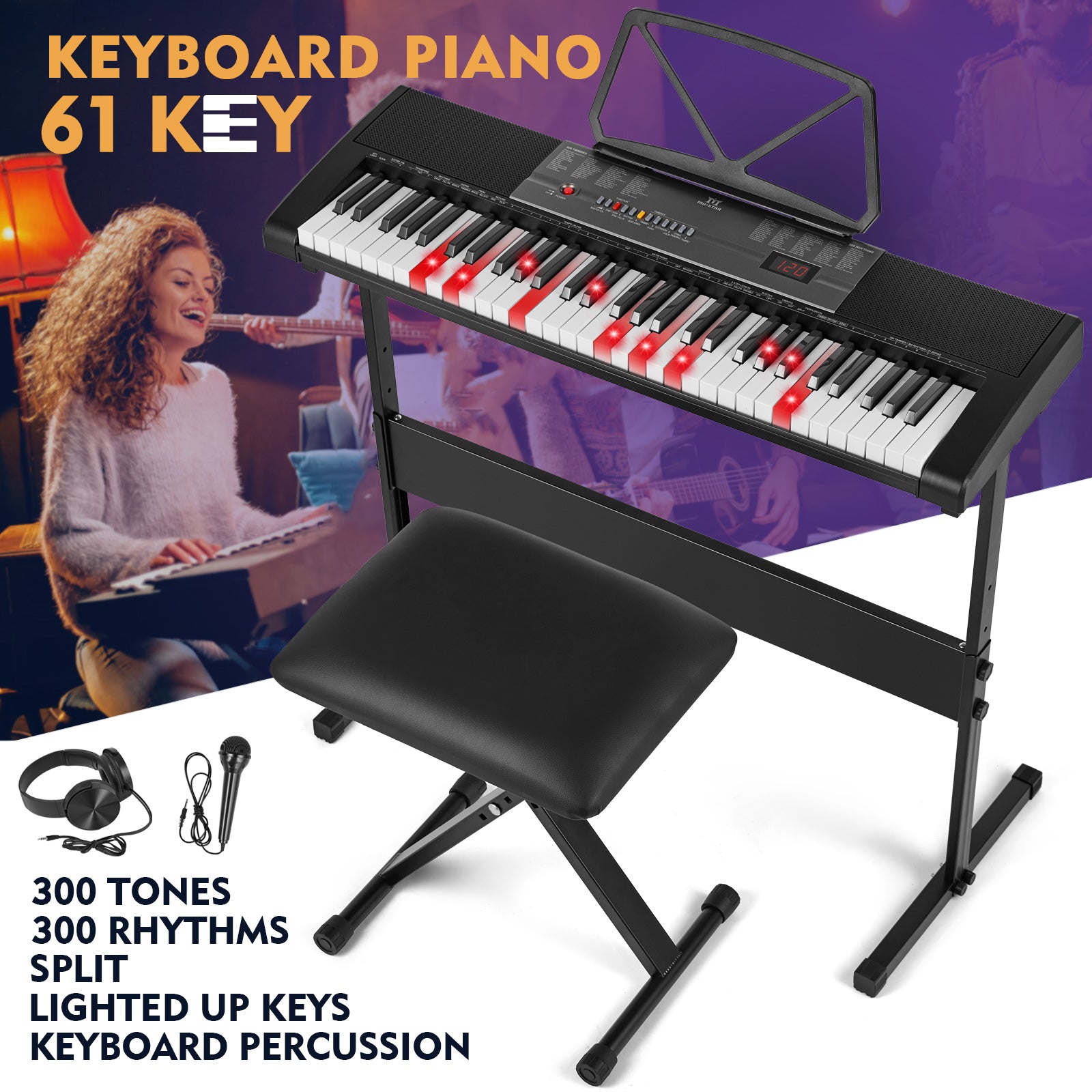 MUSTAR MEKS-700, Piano Keyboard with Lighted Up Keys, 61 Keys Learning Keyboard for Beginners, Bench, Teaching Modes, Two Power Supply Methods, Built-In Speaker, Lighted Keys, Microphone Input, Split Mode