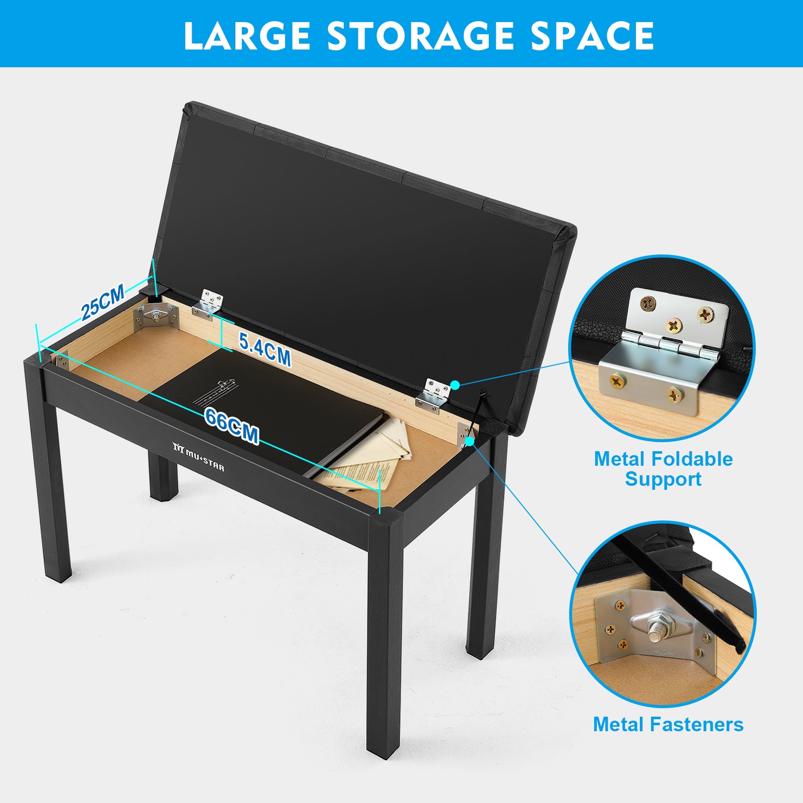 MUSTAR MS-100, Wooden Piano Bench, Padded Piano Stool with Storage, Black