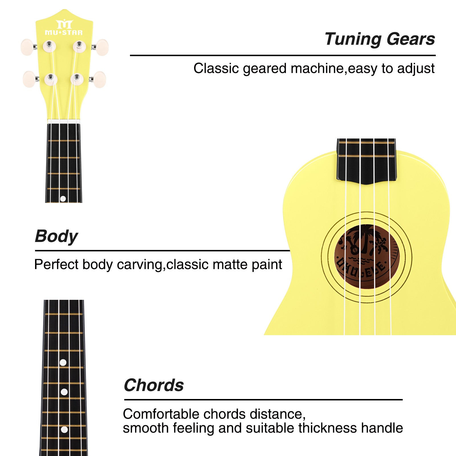 MUSTAR MU-1900, 21 Inch Soprano Ukulele for Beginners Kids Yellow