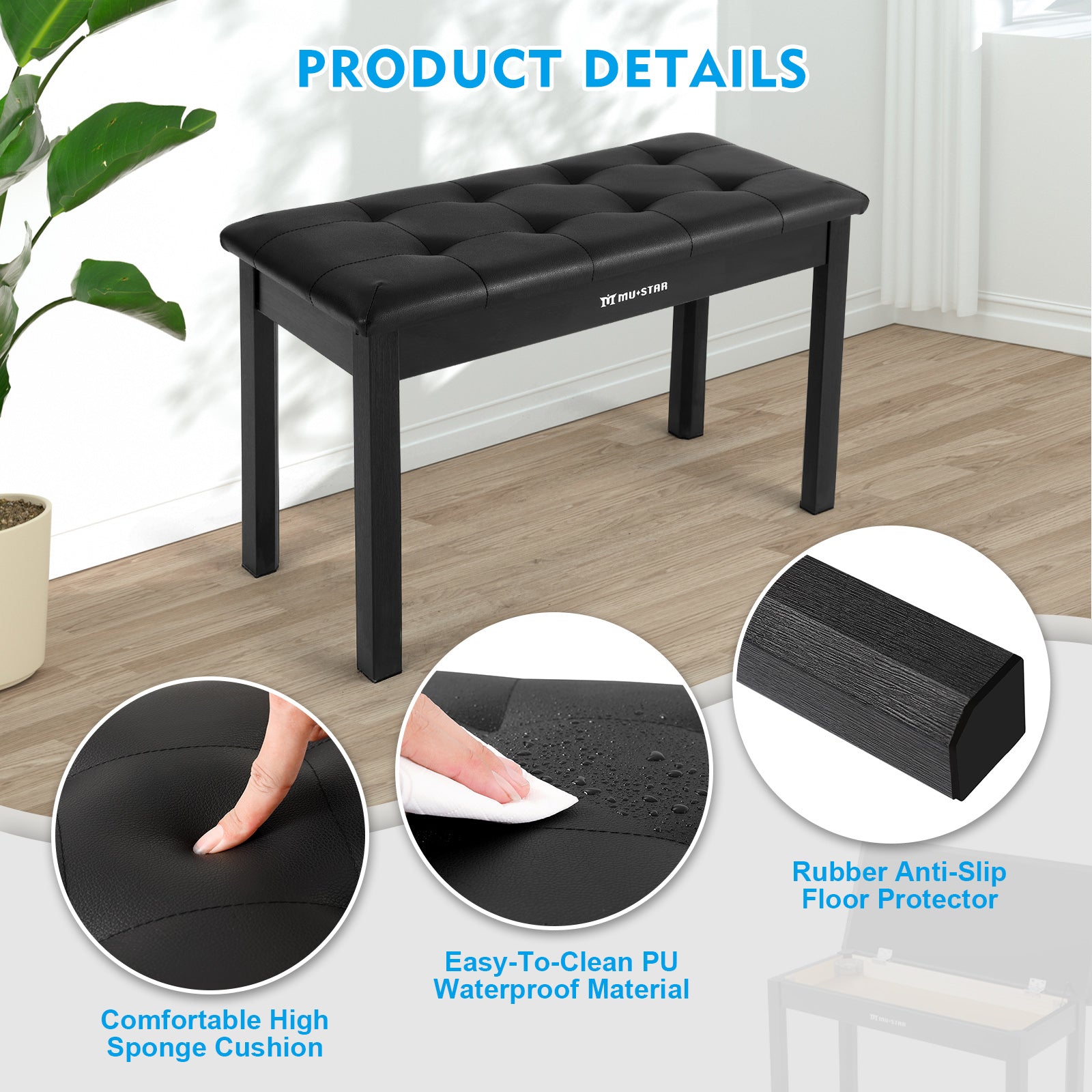 MUSTAR MS-100, Wooden Piano Bench, Padded Piano Stool with Storage, Black