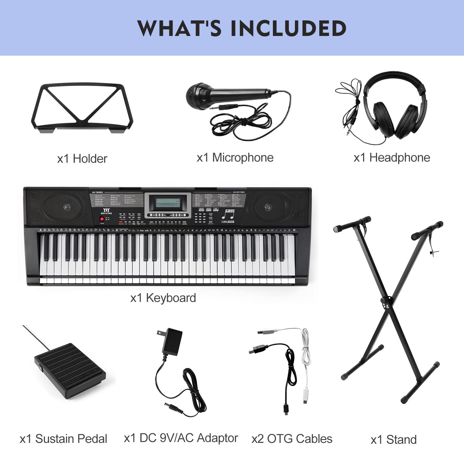 MUSTAR MEKS-500, 61 Key Piano Keyboard, Learning Electric Piano Keyboard, Lighted Up Keys, Teaching Modes, Corded Electric and Battery Powered, for Beginners Black, Gifts