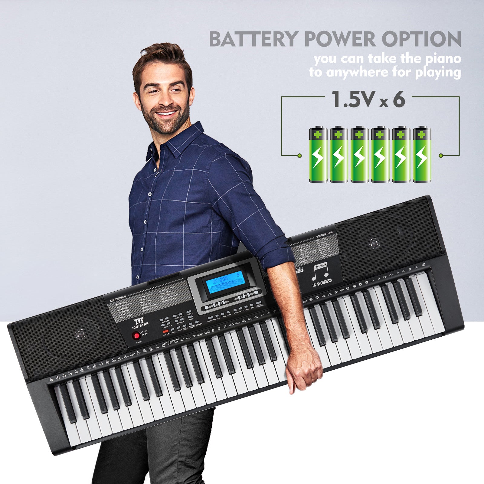 MUSTAR MEKS-500, 61 Key Piano Keyboard, Learning Electric Piano Keyboard, Lighted Up Keys, Teaching Modes, Corded Electric and Battery Powered, for Beginners Black, Gifts